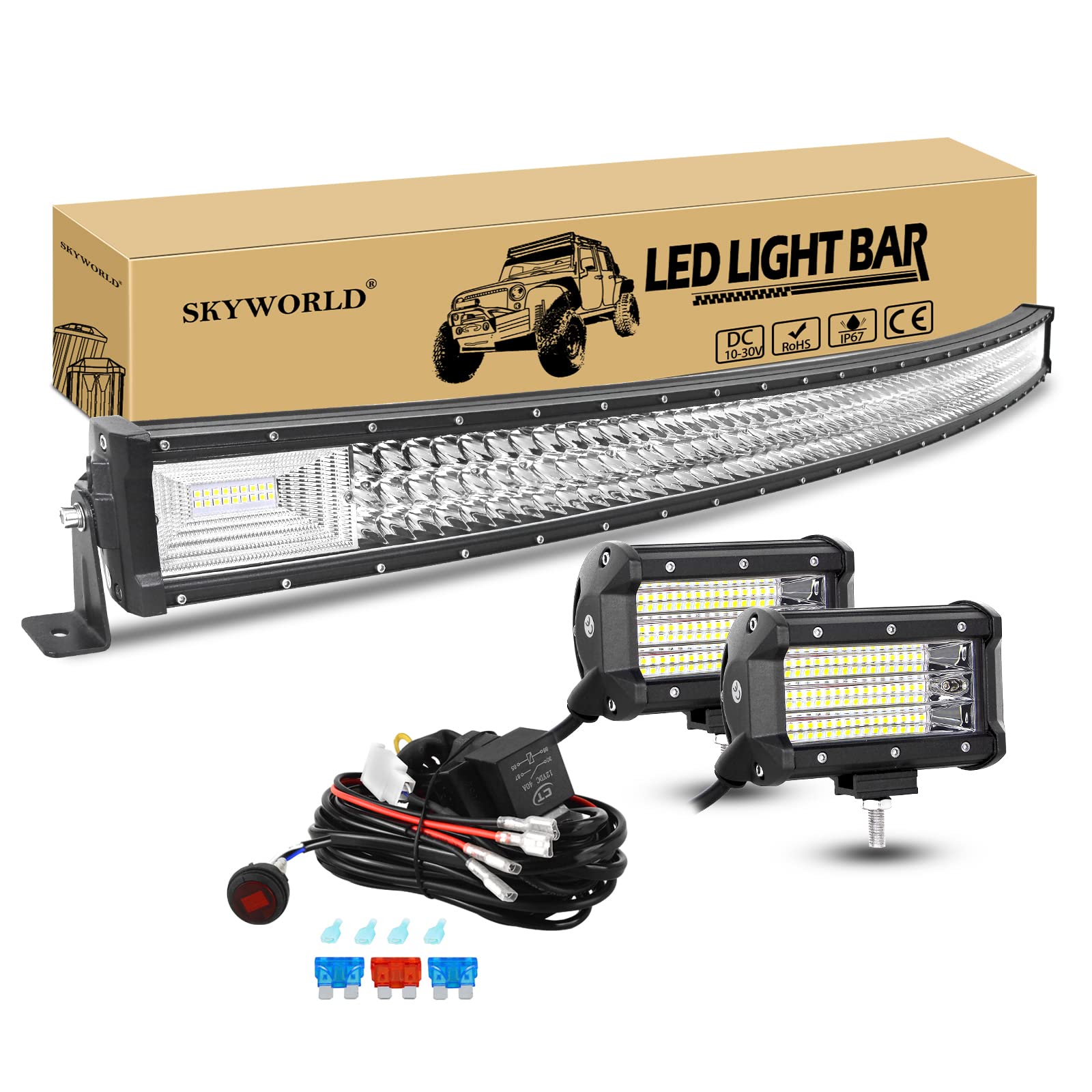 SKYWORLD Nebelscheinwerfer Gebogene LED Lichtleiste, 52 Zoll 675W Offroad LED Arbeitsscheinwerfer Bar mit 12V kabelbaum kit, 2Pcs 4 Zoll 135W Zusatzscheinwerfer Led Strahler für Auto SUV LKW 4x4 von SKYWORLD