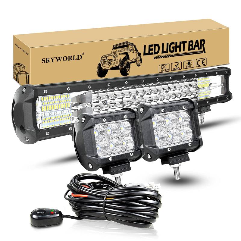 LED Arbeitsscheinwerfer Bar SKYWORLD 50cm 288W Lightbar LED Scheinwerfer Combo Zusatzscheinwerfer 12V 24V + 2 x 10cm 18W Offroad Flutlicht Rückfahrscheinwerfer mit Kabelbaum 4x4 LKW Auto Traktor SUV von SKYWORLD