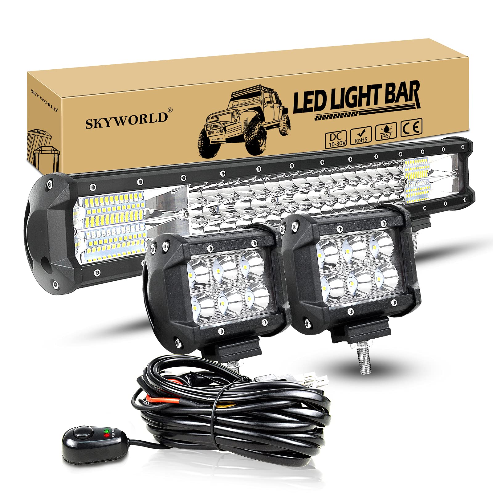 LED Arbeitsscheinwerfer Bar SKYWORLD 50cm 288W Lightbar LED Offroad Scheinwerfer Combo Zusatzscheinwerfer 12V 24V + 2 x 10cm 18W LED Scheinwerfer mit Kabelbaum-Kit für 4x4 LKW Auto Traktor SUV UTV ATV von SKYWORLD