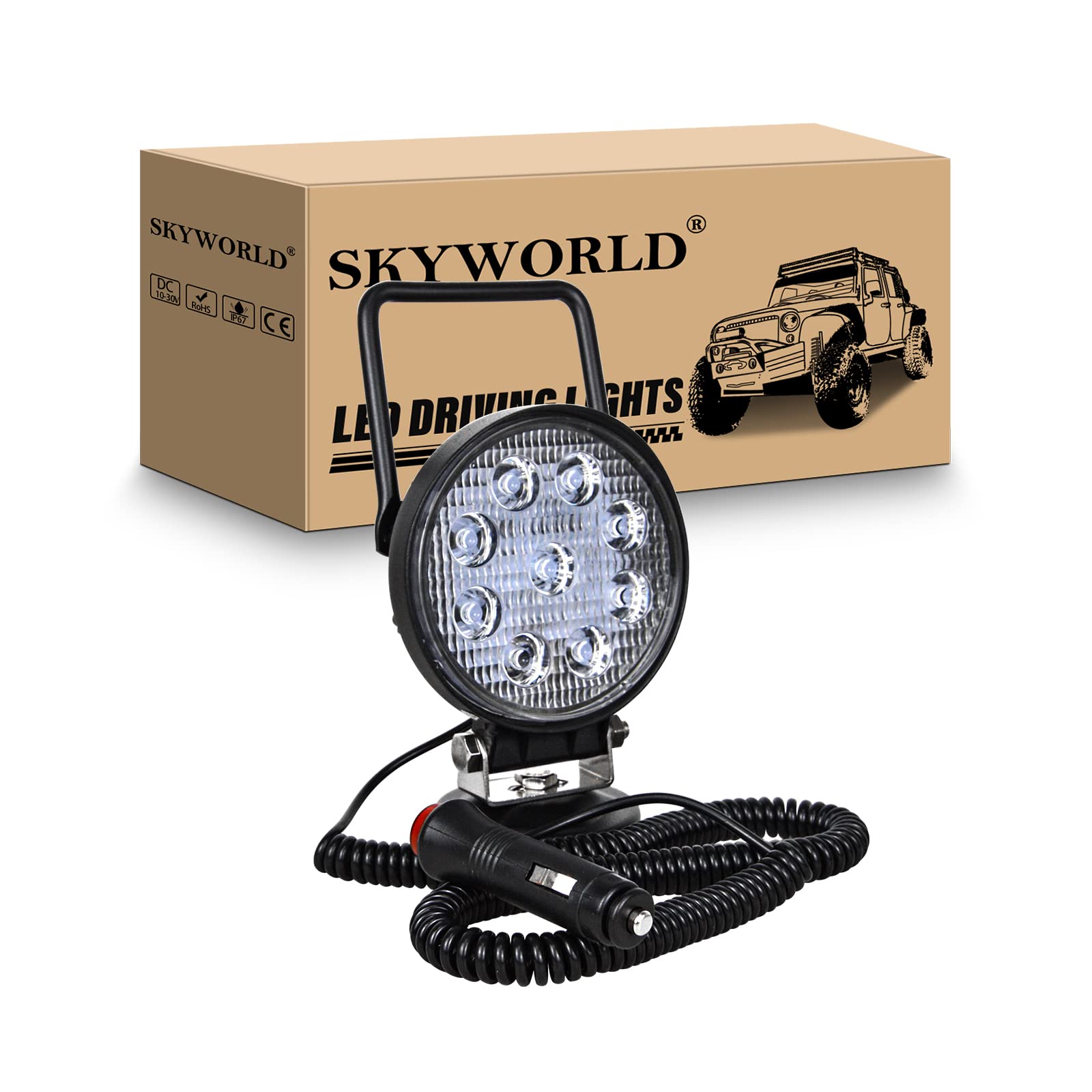 SKYWORLD led Arbeitsscheinwerfer mit Magnetfuß, 4 Zoll 10cm 27W runden LED Flood Strahler 12V 24V Suchlicht Offroad Beleuchtung für Auto SUV ATV Traktor LKW 4x4 Boot, 6000K LED Suchscheinwerfer von SKYWORLD