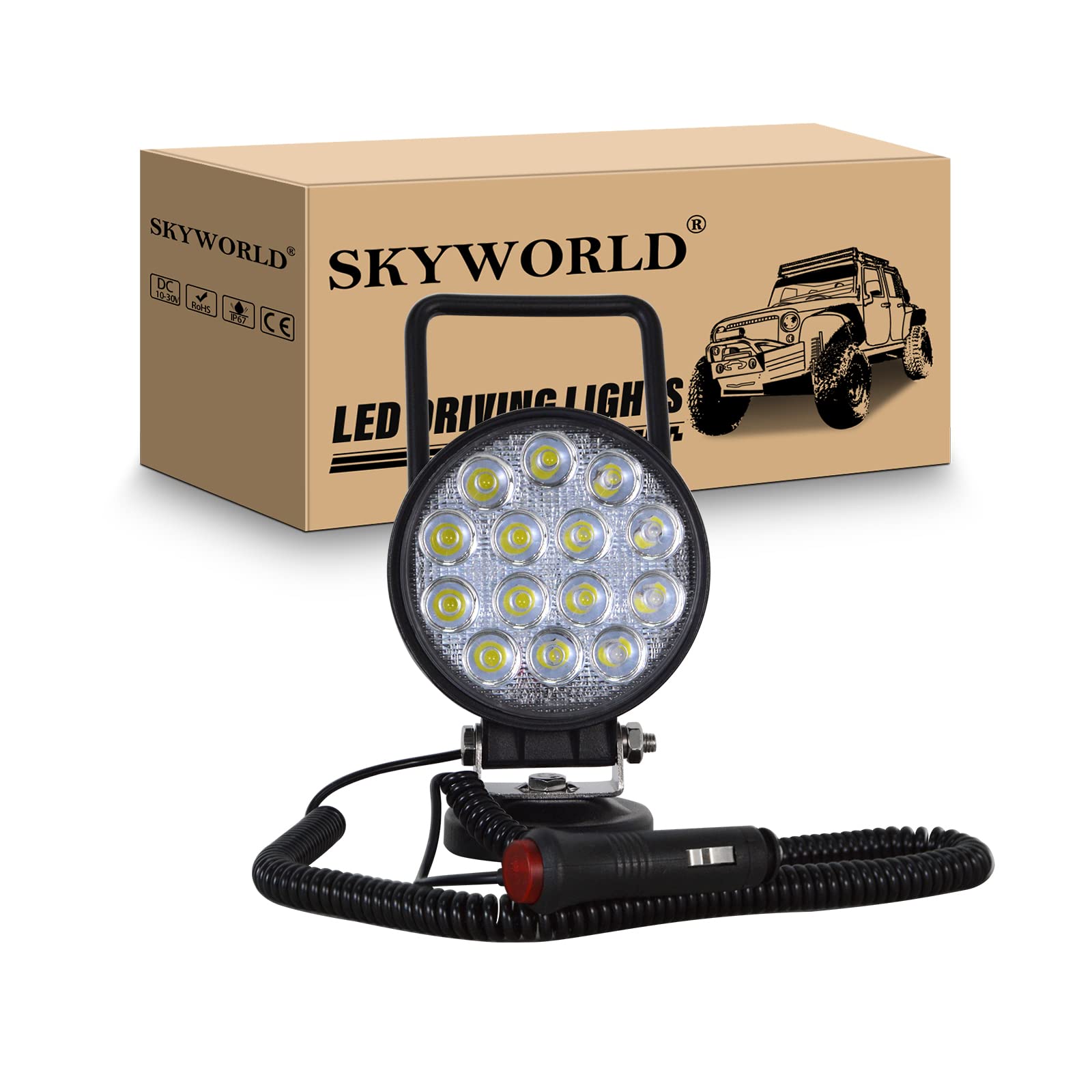 SKYWORLD led Arbeitsscheinwerfer mit Magnetfuß, 4 Zoll 10cm 42W runden LED Flood Strahler 12V 24V Suchlicht Offroad Beleuchtung für Auto SUV ATV Traktor LKW 4x4 Boot, 6000K LED Suchscheinwerfer von SKYWORLD