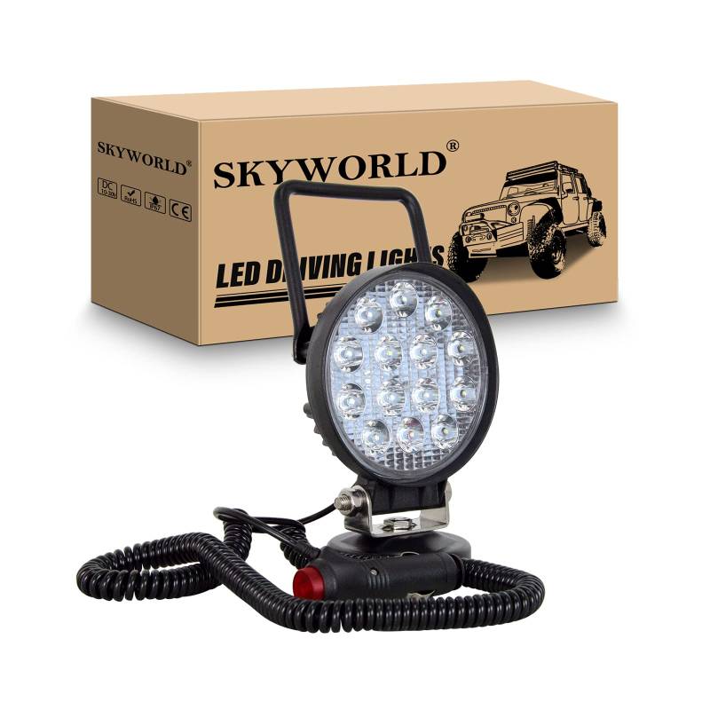 SKYWORLD led Arbeitsscheinwerfer mit Magnetfuß, 4 Zoll 10cm 42W runden LED Spot Strahler 12V 24V Suchlicht Offroad Beleuchtung für Auto SUV ATV Traktor LKW 4x4 Boot, 6000K LED Suchscheinwerfer von SKYWORLD