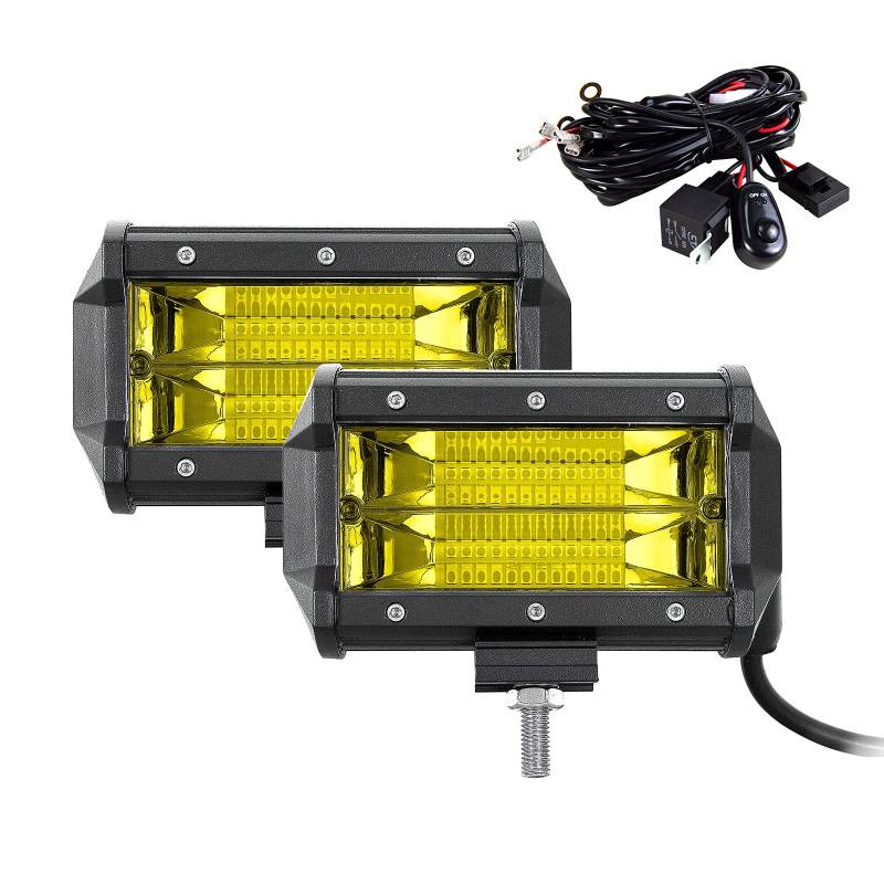 SKYWORLD led arbeitsscheinwerfer bar, 5 Zoll 12.7cm 72W Flutlicht Offroad Beleuchtung mit Kabelbaumsatz für 4x4 SUV ATV UTV Auto traktor 6000K IP67 Wasserdicht 12V 24V Gelb LED Zusatzscheinwerfer Bar von SKYWORLD