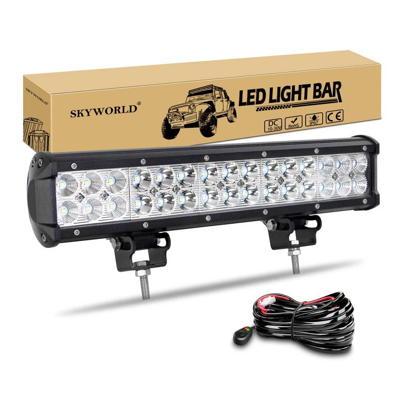 SKYWORLD led zusatzscheinwerfer bar, Zweireihiges 15 Zoll 38 cm 90W Scheinwerfer Flutlicht Combo Offroad Scheinwerfer mit Kabelbaumsatz für 4x4 LKW Auto SUV Traktor Traktoren Arbeitsleuchte Offroad von SKYWORLD