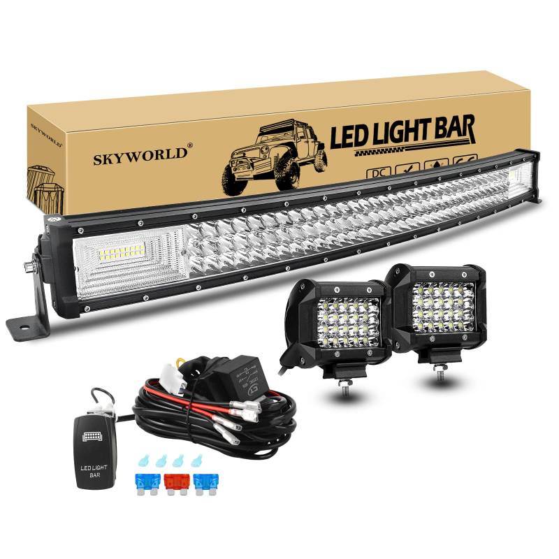 SKYWORLD Zusatzscheinwerfer, 32 Zoll 40500LM Gebogen LED Arbeitsscheinwerfer Offroad Beleuchtung mit 12V kabelbaum kit, 2 x 4 Zoll 6000LM Rückfahrscheinwerfer Auto SUV LKW KFZ 4x4 Fahrzeuge von SKYWORLD