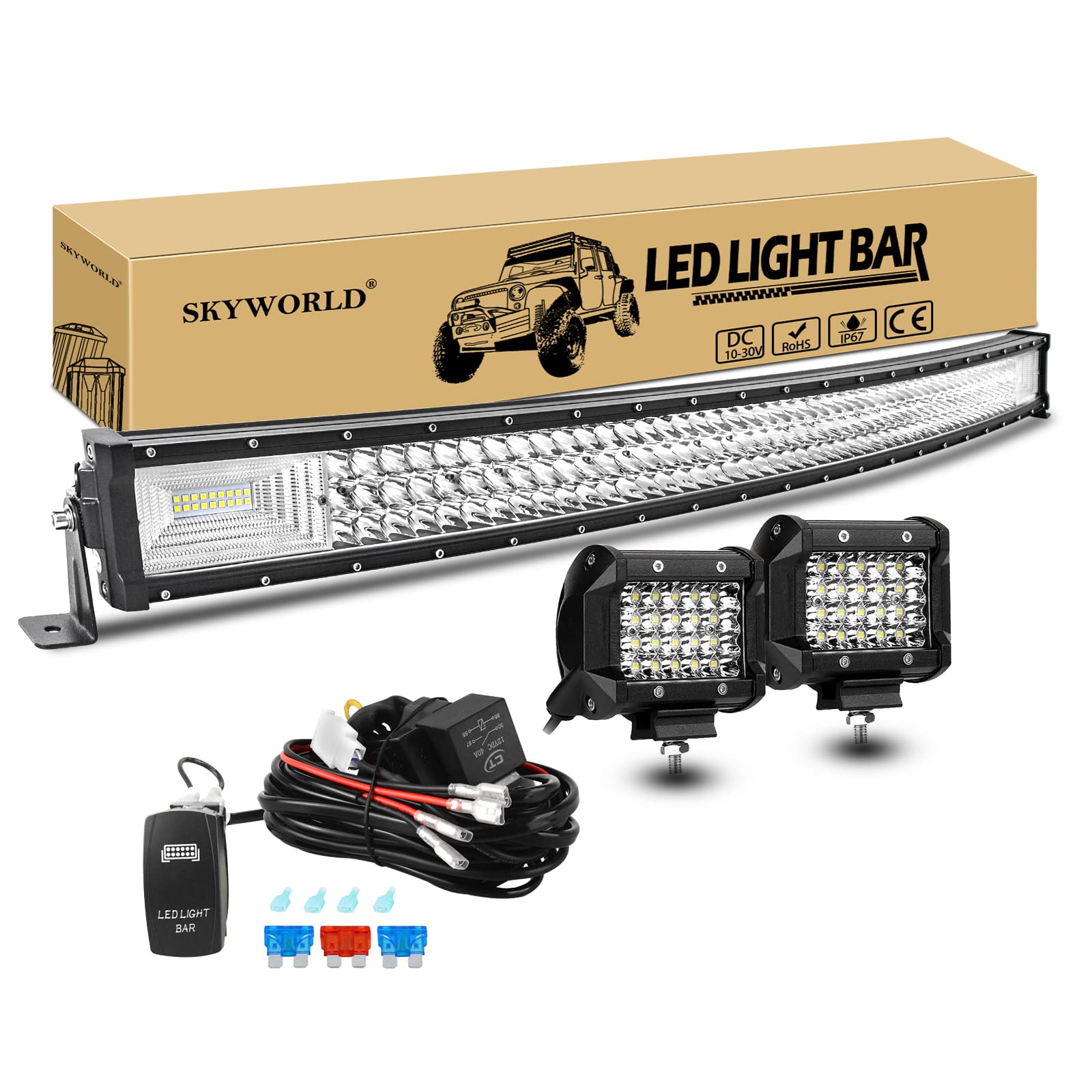 Zusatzscheinwerfer, SKYWORLD 42 Zoll 54000LM Gebogen LED Arbeitsscheinwerfer Offroad Beleuchtung mit 12V kabelbaum kit, 2 x 4 Zoll 6000LM Rückfahrscheinwerfer Auto SUV LKW KFZ 4x4 Fahrzeuge von SKYWORLD