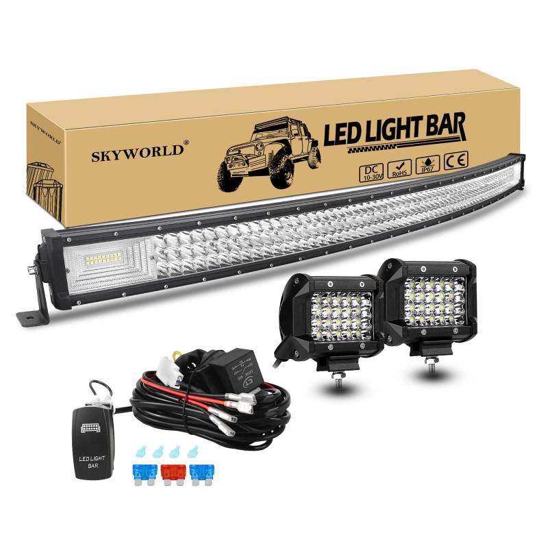 Zusatzscheinwerfer, SKYWORLD 50 Zoll 64800LM Gebogen LED Arbeitsscheinwerfer Offroad Beleuchtung mit 12V kabelbaum kit, 2 x 4 Zoll 6000LM Rückfahrscheinwerfer Auto SUV LKW KFZ 4x4 Fahrzeuge von SKYWORLD