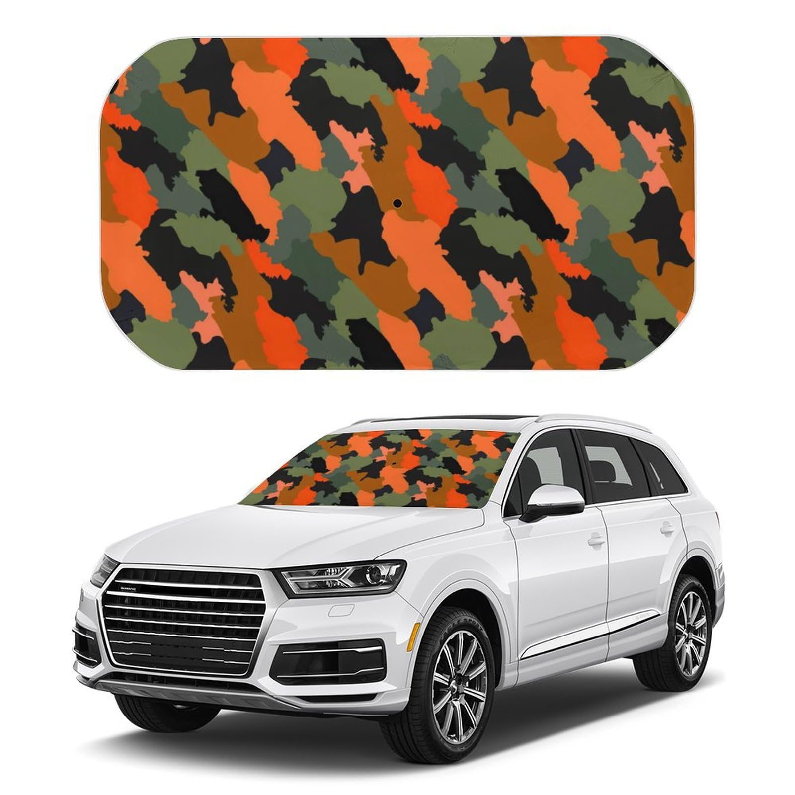 Auto-Windschutz, orange-grün, Camouflage-Druck, Sonnenschutzschirm für die meisten Auto-, SUV- und LKW-Frontfenster, Sonnenschutz, UV-Strahlen, Wärmereflektor, Sonnenschutz, hält das Fahrzeug kühl, 1 von SMAZDFXX