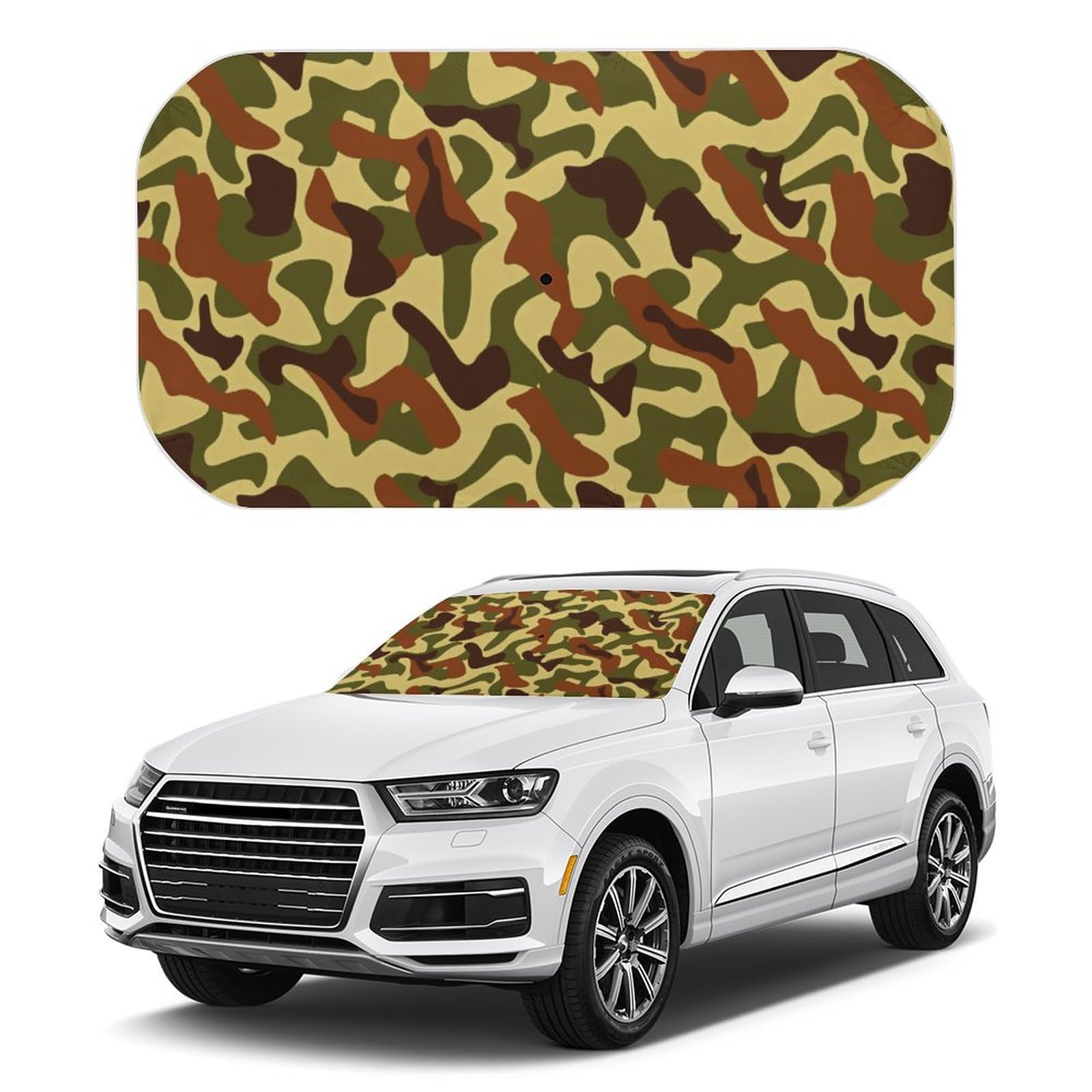 Braun-grüner Wind-Sonnenschutz mit Camouflage-Print, Faltbarer Auto-Regenschirm für LKWs, SUVs, Auto-Frontfenster, UV-Schutz, Wärmereflektor, Auto-Sonnenschutz, hält das Fahrzeug kühl, 132 x 71 cm von SMAZDFXX