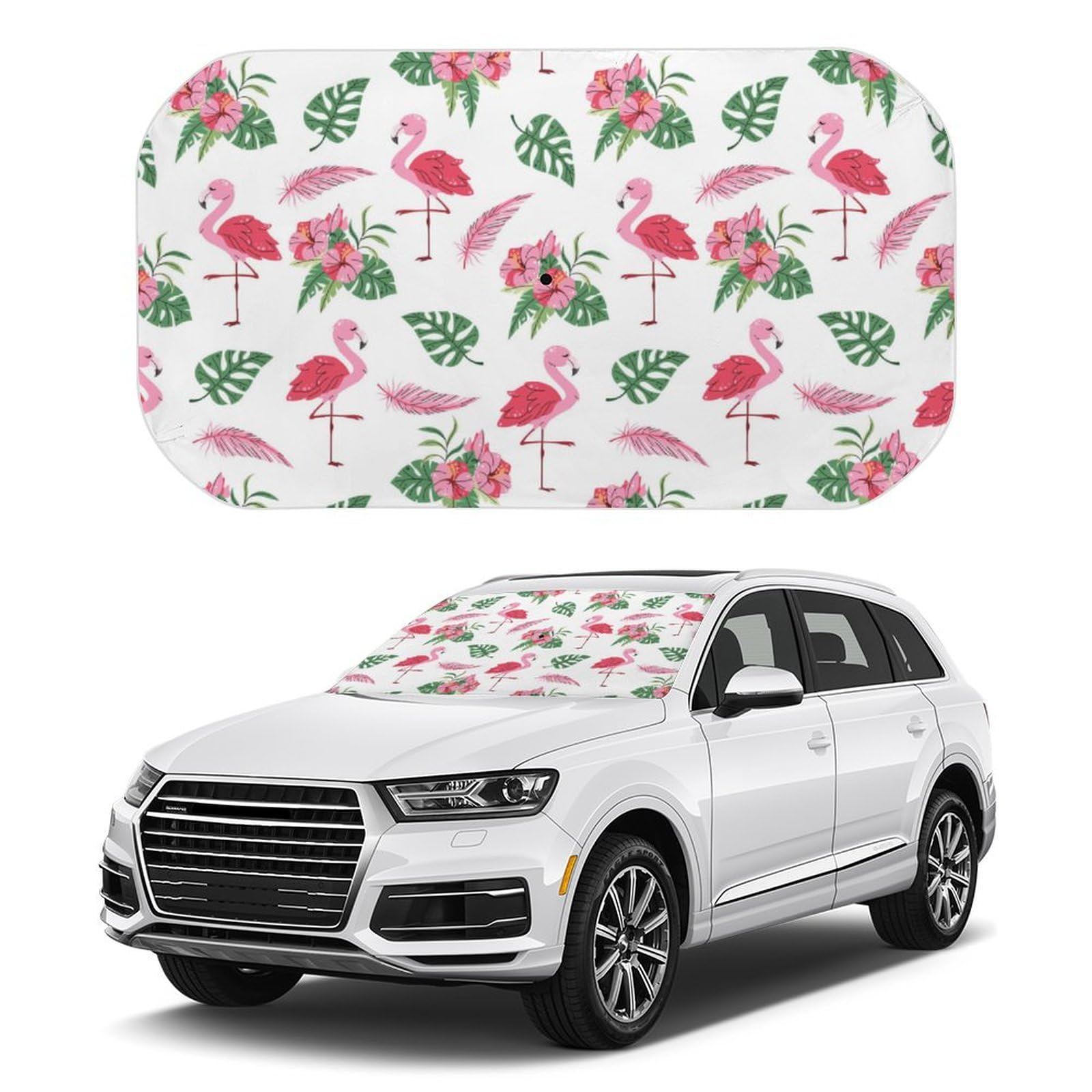 Tropischer Flamingo, rosa Blumen, Wind-Sonnenschutz, Faltbarer Auto-Regenschirm für LKWs, SUVs, Auto-Frontscheibe, UV-Schutz, Wärmereflektor, Auto-Sonnenschutz, hält das Fahrzeug kühl, 132 x 71 cm von SMAZDFXX