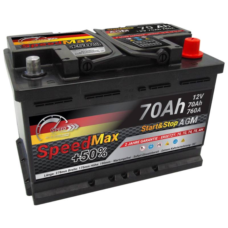 SMC Autobatterie Speed Max 70Ah Agm Start&Stop 12V 760A Starterbatterie für Autos mit hohem Energiebedarf Start-Stop ersetzt 65 70 Ah 75 80ah überlegene Leistung Pluspole Recht von SMC