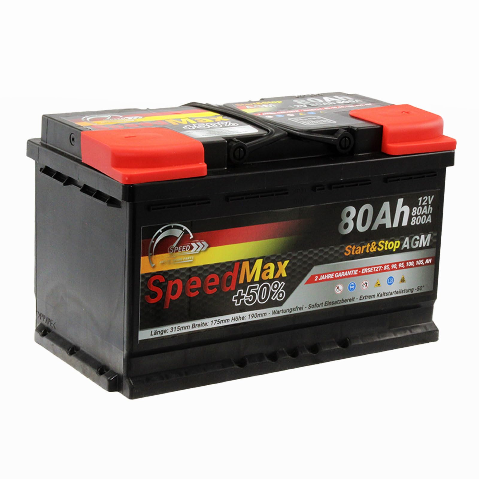 SMC Autobatterie Speed Max 80Ah Agm Start&Stop 12V 800A Starterbatterie für Autos mit hohem Energiebedarf Start-Stop ersetzt 80 85 Ah 90 95ah überlegene Leistung von SMC