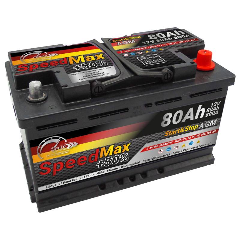 SMC Autobatterie Speed Max 80Ah Agm Start&Stop 12V 800A Starterbatterie für Autos mit hohem Energiebedarf Start-Stop ersetzt 80 85 Ah 90 95ah überlegene Leistung von SMC