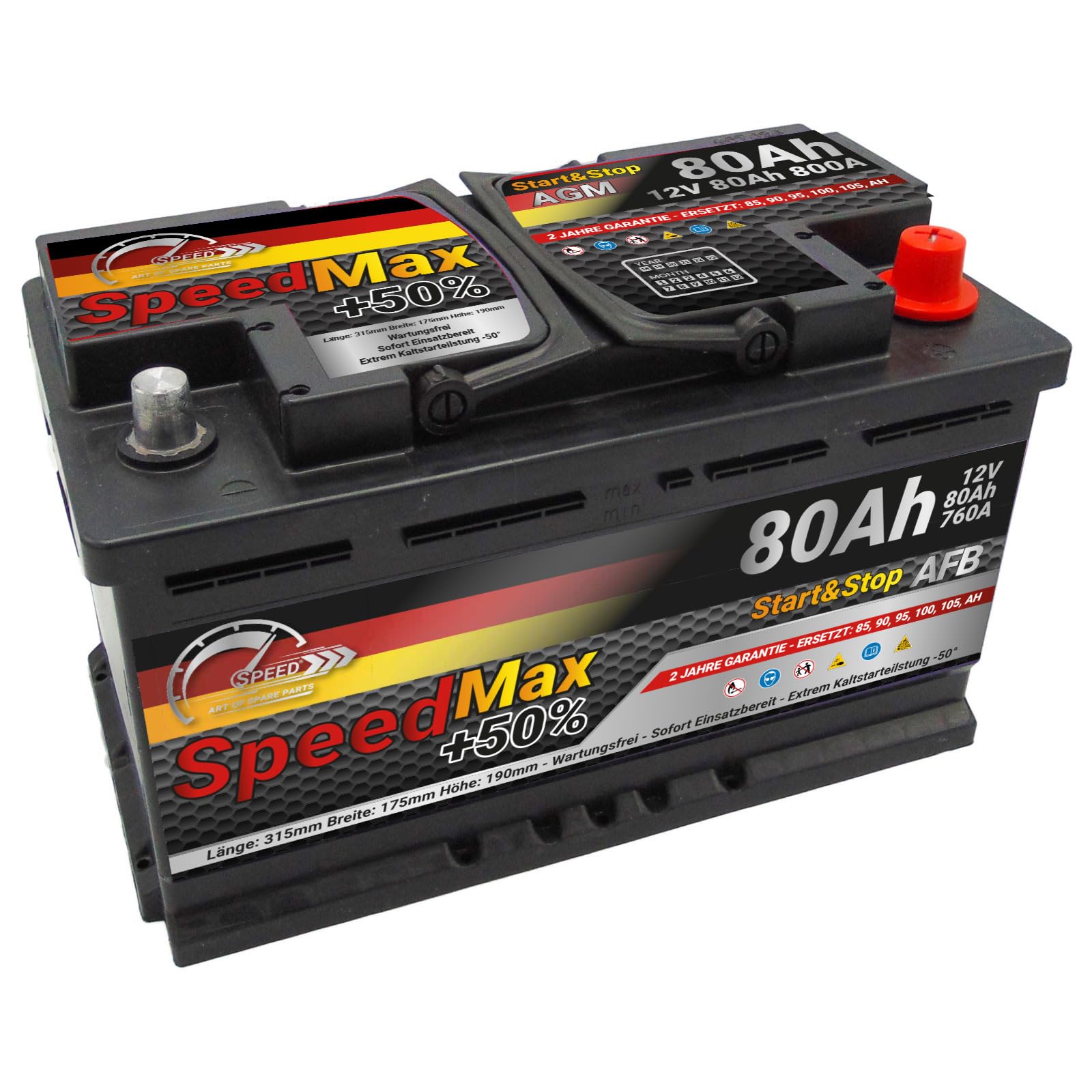 SMC Autobatterie Speed Max 80Ah Start&Stop 12V 760A Starterbatterie für Autos mit hohem Energiebedarf Start-Stop ersetzt 65 70 Ah 75 80ah überlegene Leistung Pluspole Recht Wartungsfrei von SMC