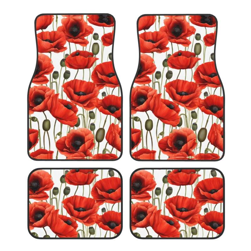 Red Poppy Flower Premium Vollseite Bedruckte Fußmatten für PKW LKW SUV 4-teilige Allwetter Automatten mit Universal Fit Design von SMSJTMWHN