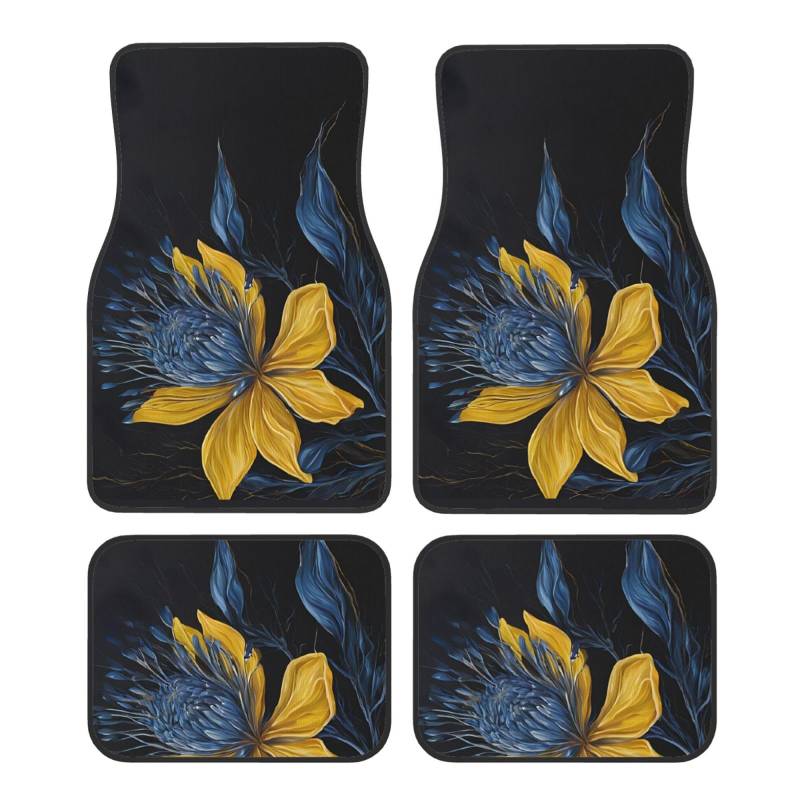 Türkis Blau Gold Blumen Premium Vollseite Bedruckte Fußmatten für PKW LKW SUV 4-teilige Allwetter Automatten mit Universal Fit Design von SMSJTMWHN