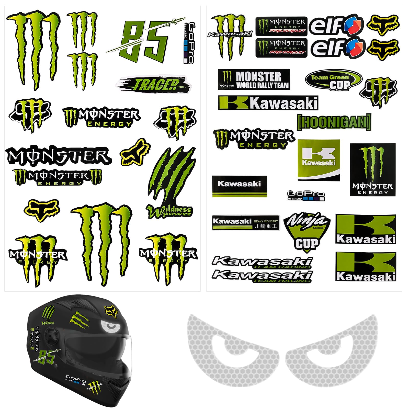 2 Blatt Motorrad Aufkleber,Motorradhelm Aufkleber,Monster Energy Aufkleber,Monster Energy Sticker,für Motorräder,Helme,Skateboards,Autos und Offroad-Motorräder (mit 1 Paar Reflektierenden Aufklebern) von SMTelegance