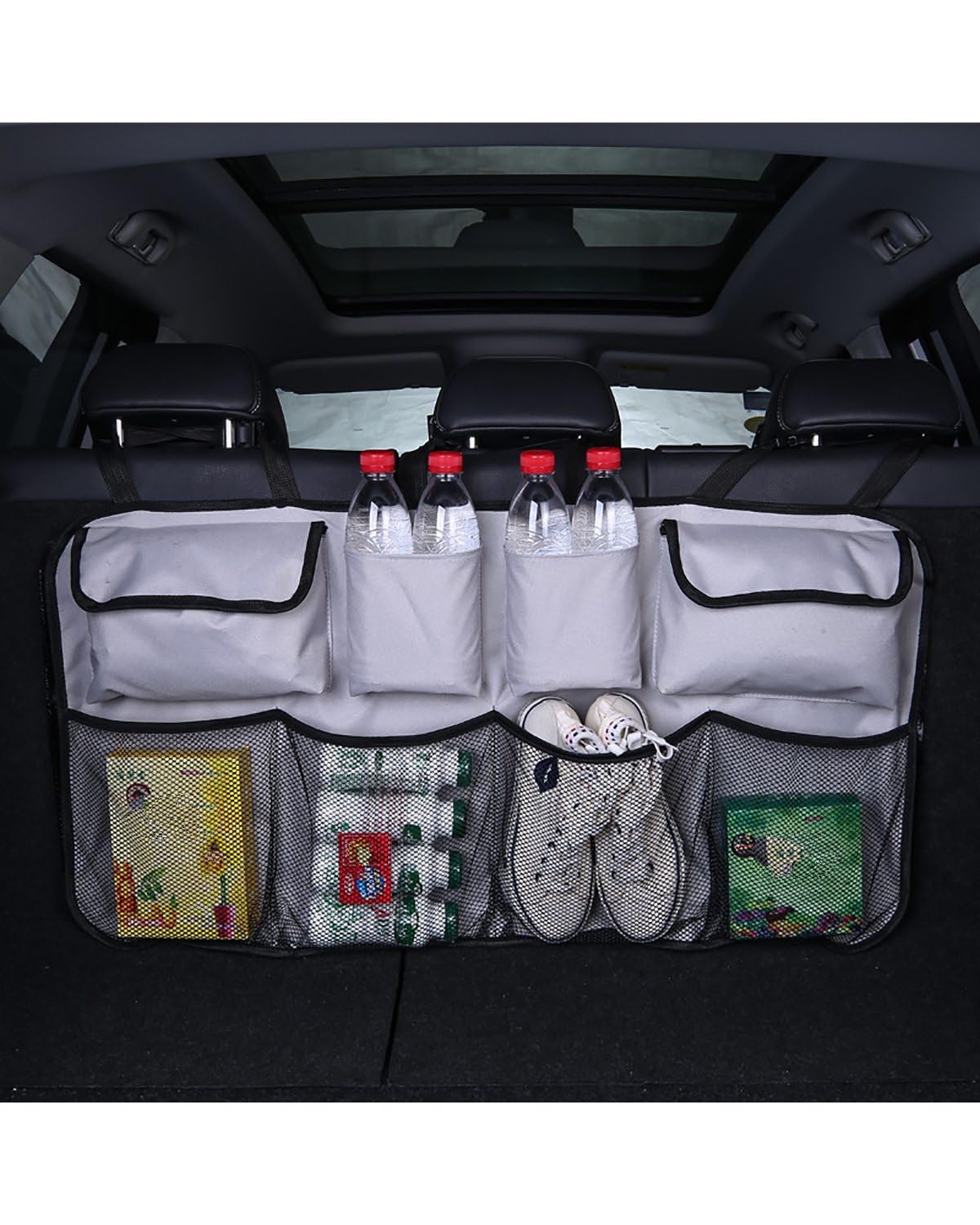 Kofferraum Organizer Auto-Kofferraum-Organizer Verstellbare Rücksitz-Aufbewahrungstasche Netz Hohe Kapazität Oxford-Gewebe Auto-Sitzlehnen-Organizer Auto Kofferraumtasche(Gray) von SOHINI