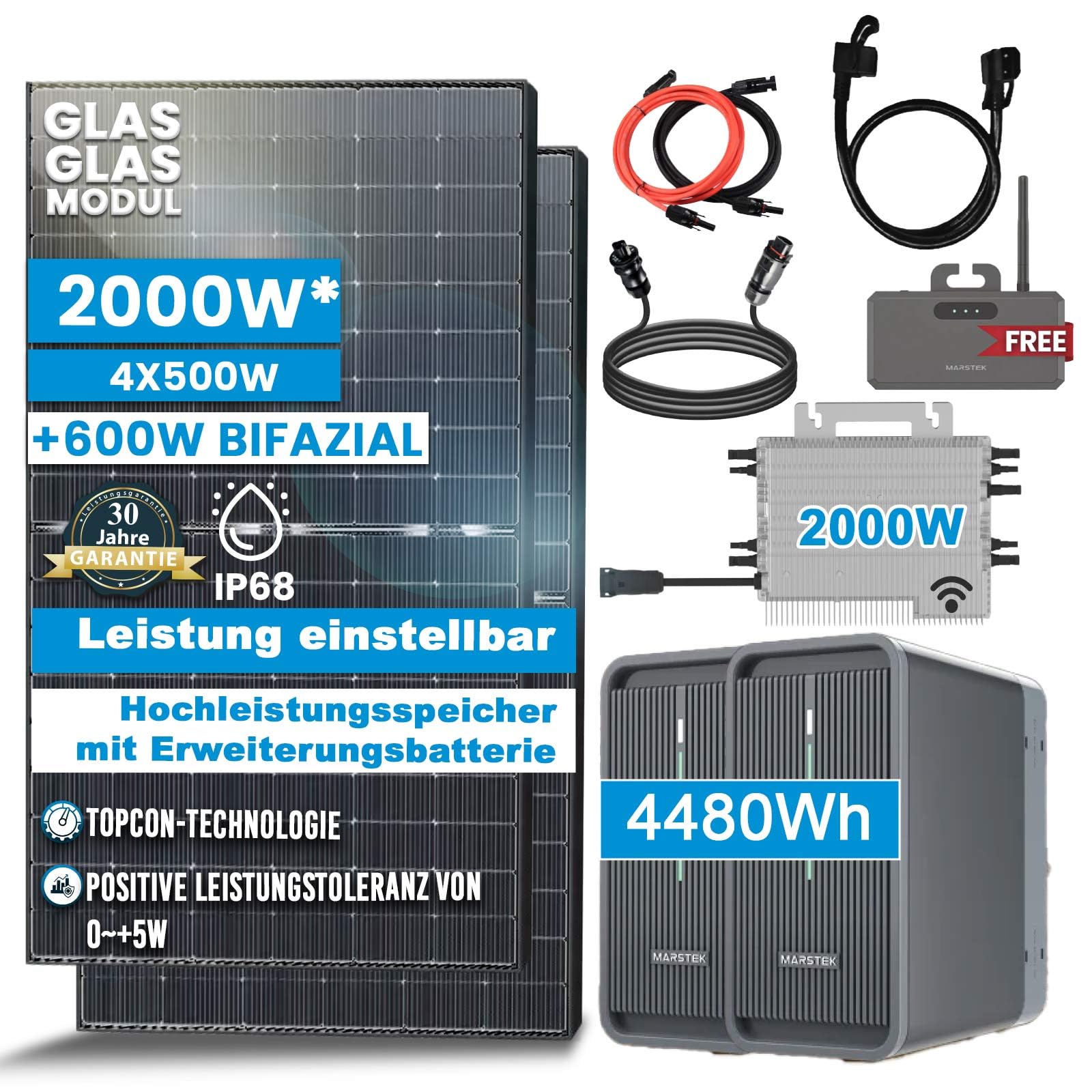 2000W Balkonkraftwerk mit Speicher Komplettset, 4,48 kWh Marstek B2500-D Speicher, Erweiterungsbatterie, DEYE 2000W WIFI Wechselrichter, Smart PV Anlage von SOLAR-HOOK etm