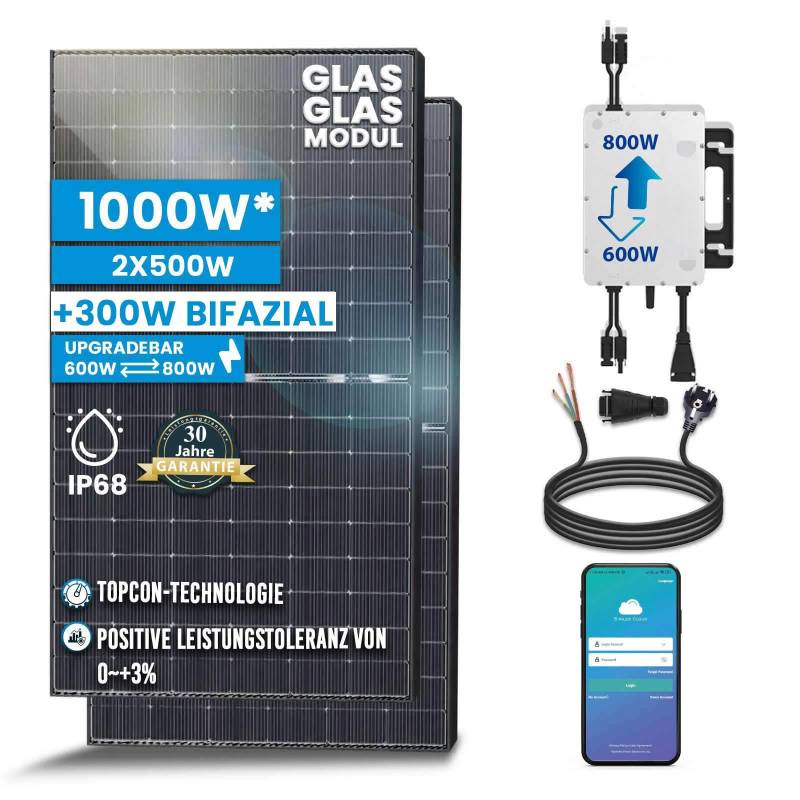 Solar-Hook® 1000W Balkonkraftwerk 800W komplett Steckdose - Balkonkraftwerk 800 Watt upgradebarer Wechselrichter 600W/800W, 2x500W Bifaziale Glas/Glas Solarmodule im Solaranlage Komplettset von SOLAR-HOOK etm