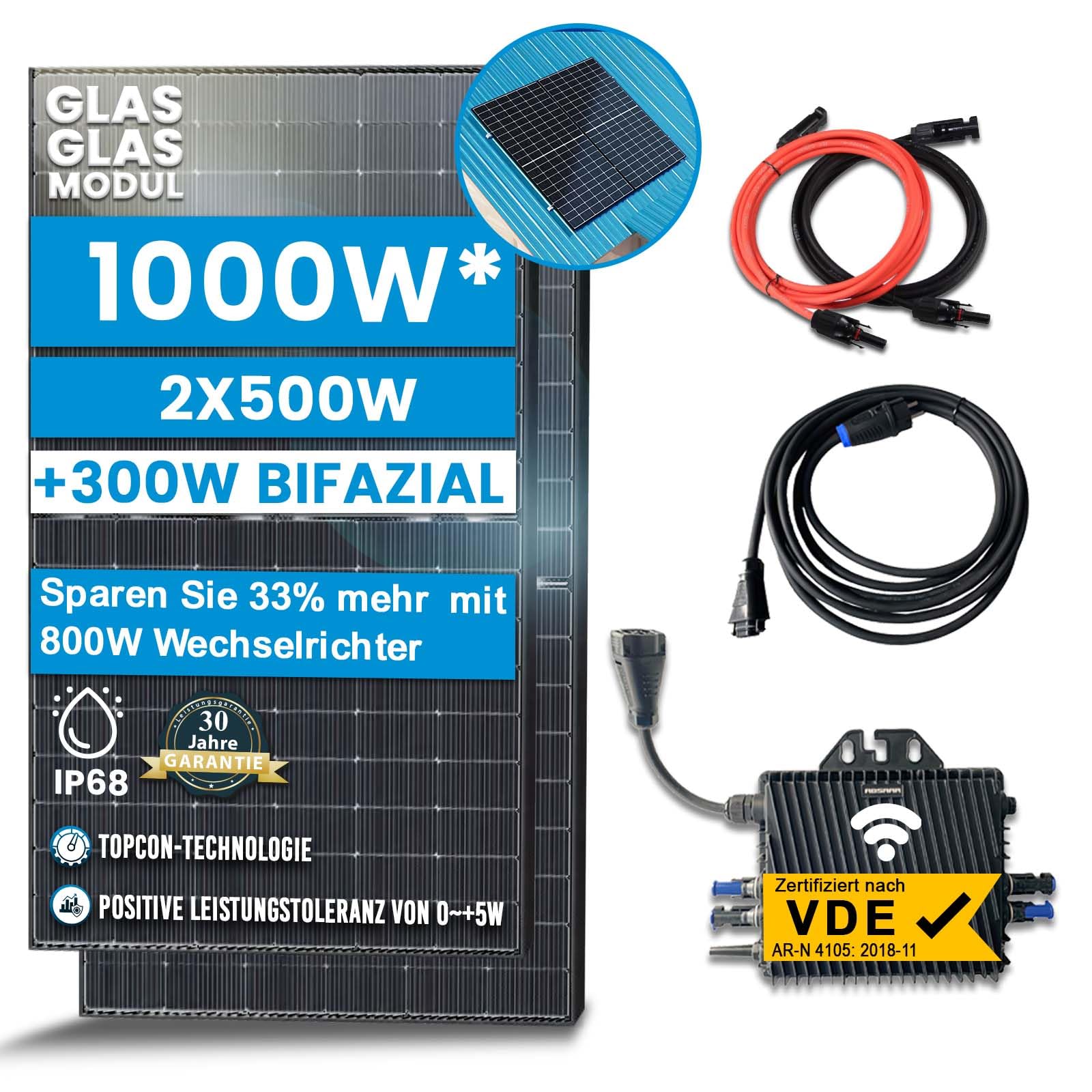 Solar-Hook® 1000W Balkonkraftwerk Bifazial Komplettset Photovoltaik Solaranlage mit 800W WIFI Wechselrichter Smart Mini PV Anlage (Mit Stockschrauben) von SOLAR-HOOK etm