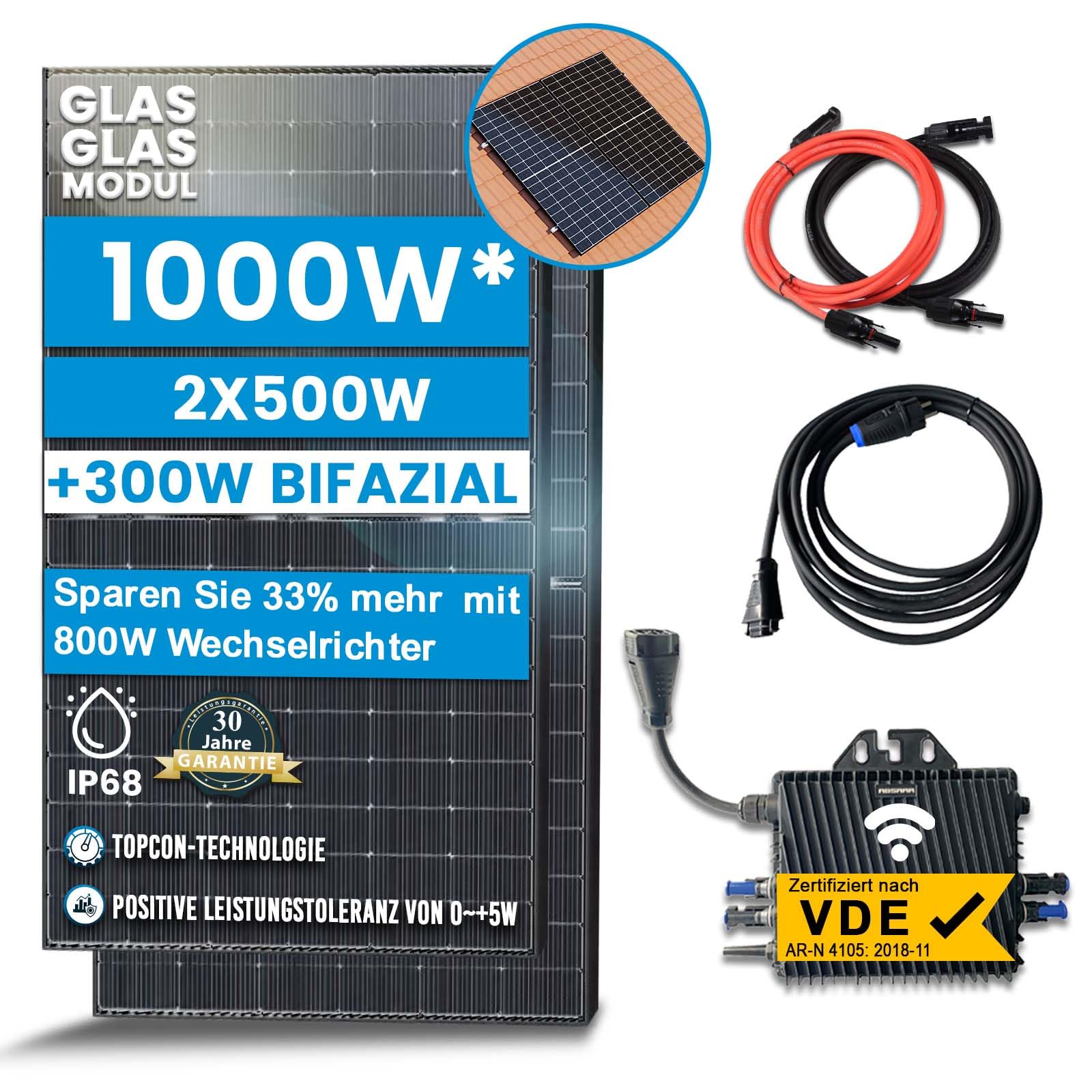 Solar-Hook® 1000W Balkonkraftwerk Bifazial Komplettset Photovoltaik Solaranlage mit 800W WIFI Wechselrichter Smart Mini PV Anlage (Mit Ziegeldach) von SOLAR-HOOK etm