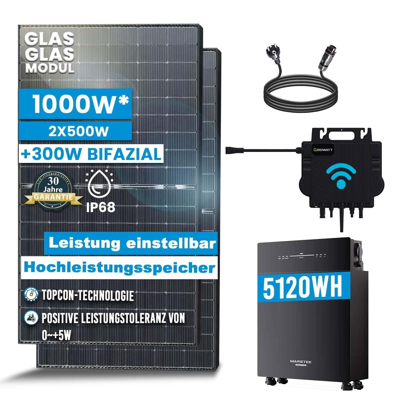 Solar-Hook® 1000W Balkonkraftwerk mit Speicher Komplettset | 5 kWh Marstek Venus-E AC gekoppelt Solarspeicher | Growatt NEO 800W WIFI Wechselrichter Smart PV Anlage von SOLAR-HOOK etm