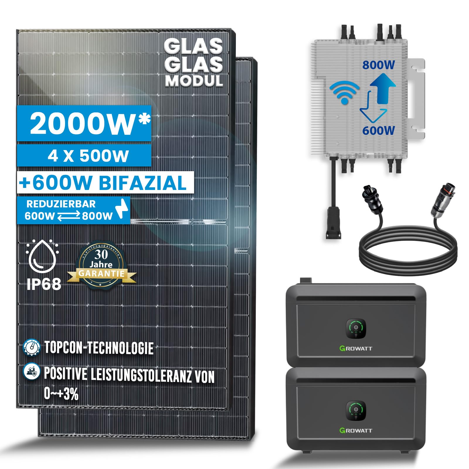 Solar-Hook® 2000W Balkonkraftwerk mit Speicher Komplettset 4096 Wh Growatt NOAH Speicher mit DEYE 1600W WIFI Wechselrichter Smart Mini PV Anlage von SOLAR-HOOK etm