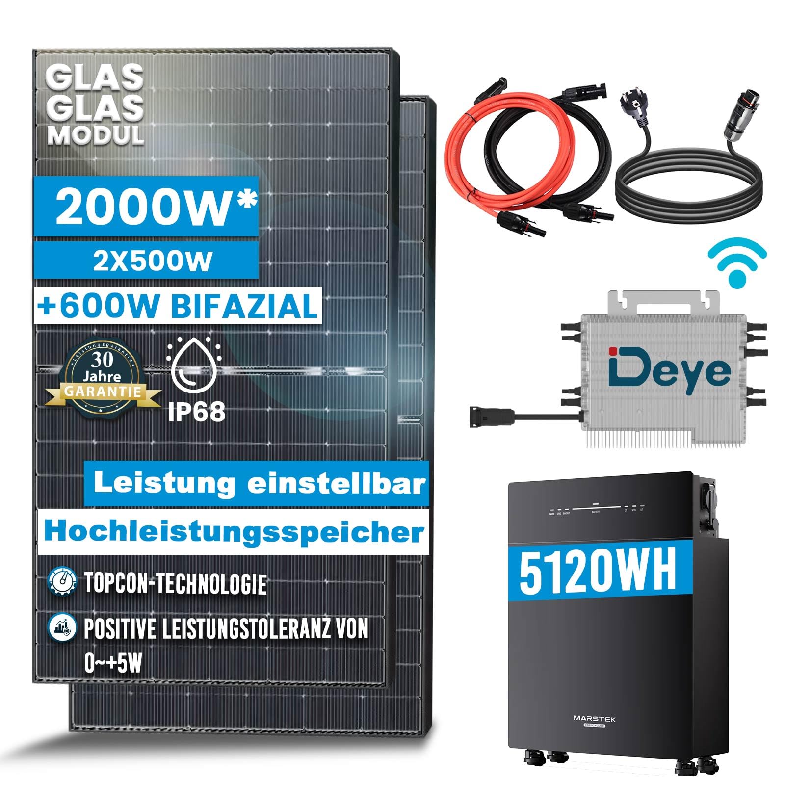 Solar-Hook® 2000W Balkonkraftwerk mit Speicher Komplettset | 5 kWh Marstek Venus-E AC gekoppelt Solarspeicher | DEYE 2000W WIFI Wechselrichter Smart PV Anlage von SOLAR-HOOK etm