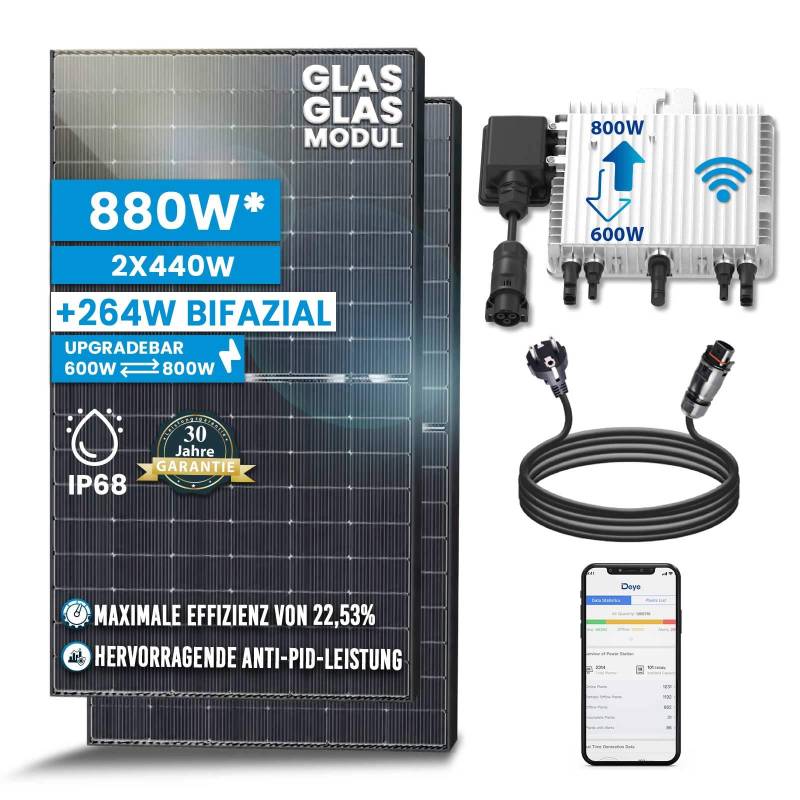 Solar-Hook® 880W Balkonkraftwerk 800W komplett Steckdose - Balkonkraftwerk 800 Watt upgradebarer DEYE Wechselrichter 800W, 2x440W Bifaziale Glas/Glas Solarmodule im Solaranlage Komplettset von SOLAR-HOOK etm