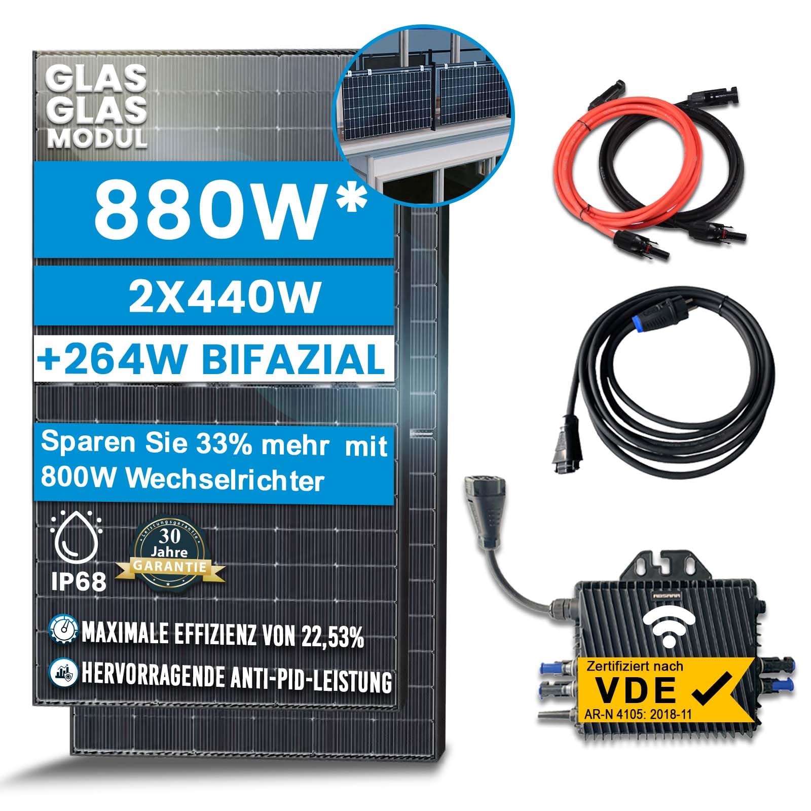 Solar-Hook® 880W Balkonkraftwerk Bifazial Komplettset Photovoltaik Solaranlage mit 800W WIFI Wechselrichter Smart Mini PV Anlage (Mit Balkongeländer Eckig) von SOLAR-HOOK etm