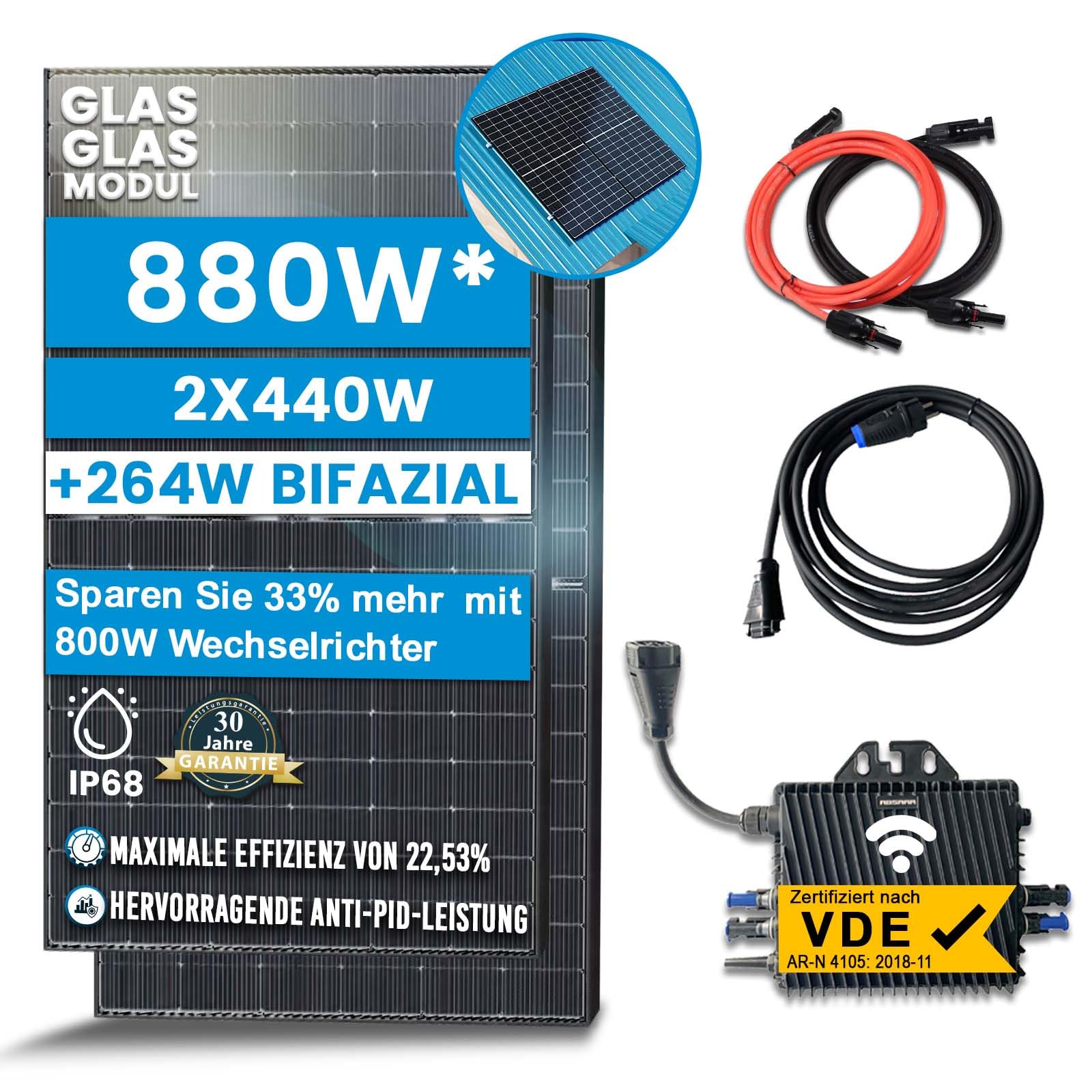 Solar-Hook® 880W Balkonkraftwerk Bifazial Komplettset Photovoltaik Solaranlage mit 800W WIFI Wechselrichter Smart Mini PV Anlage (Mit Stockschrauben) von SOLAR-HOOK etm