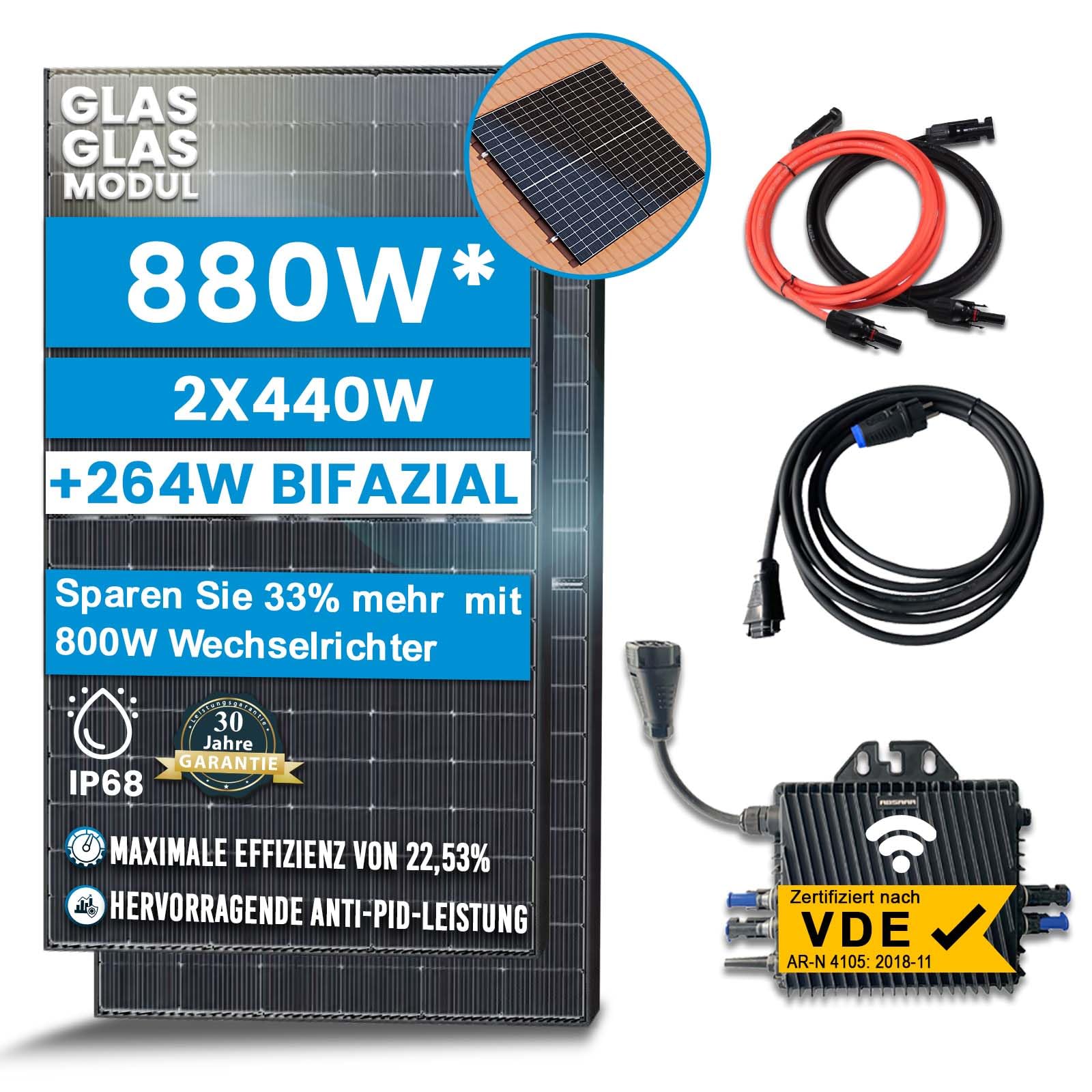 Solar-Hook® 880W Balkonkraftwerk Bifazial Komplettset Photovoltaik Solaranlage mit 800W WIFI Wechselrichter Smart Mini PV Anlage (Mit Ziegeldach) von SOLAR-HOOK etm