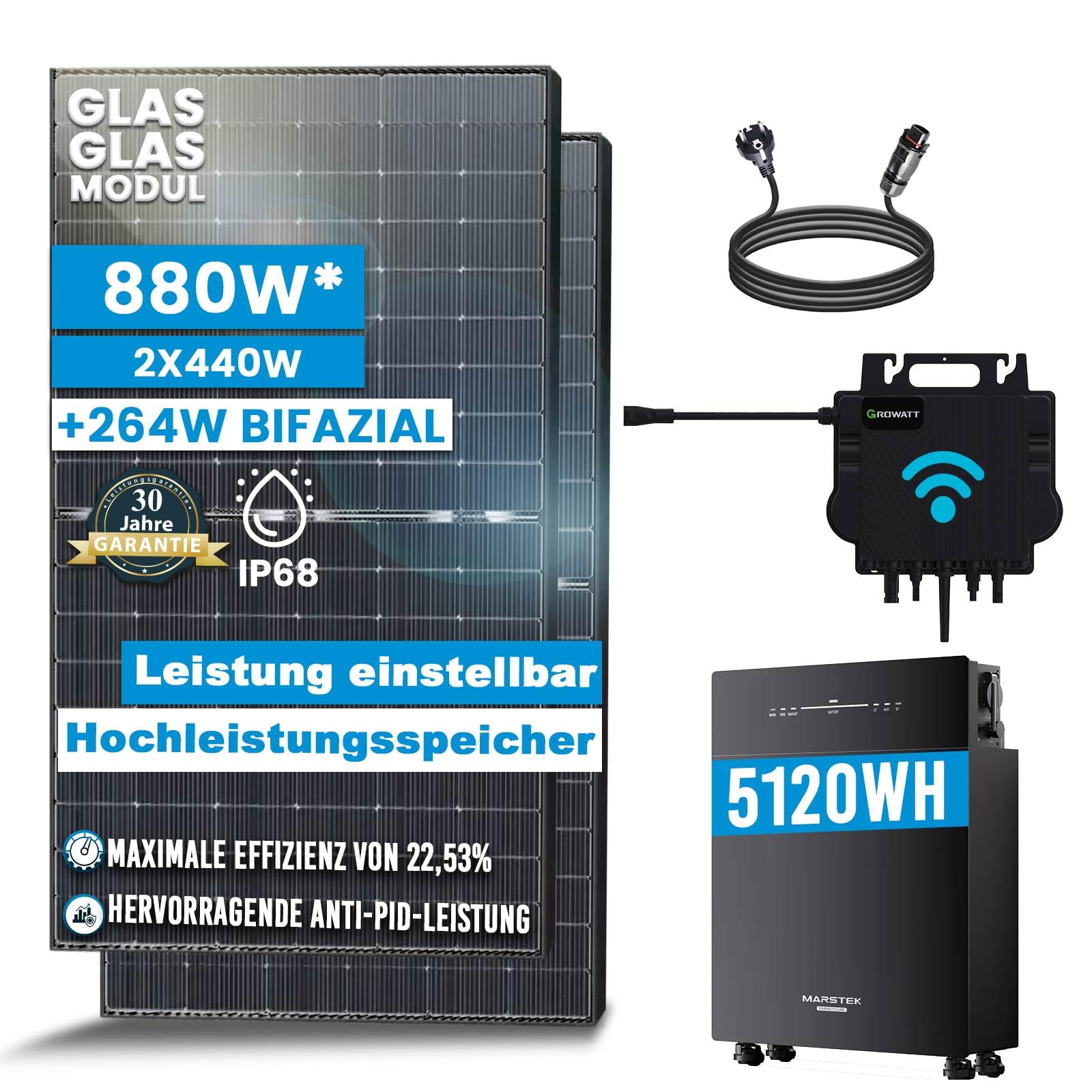 Solar-Hook® 880W Balkonkraftwerk mit Speicher Komplettset | 5 kWh Marstek Venus-E AC gekoppelt Solarspeicher | Growatt NEO 800W WIFI Wechselrichter Smart PV Anlage von SOLAR-HOOK etm