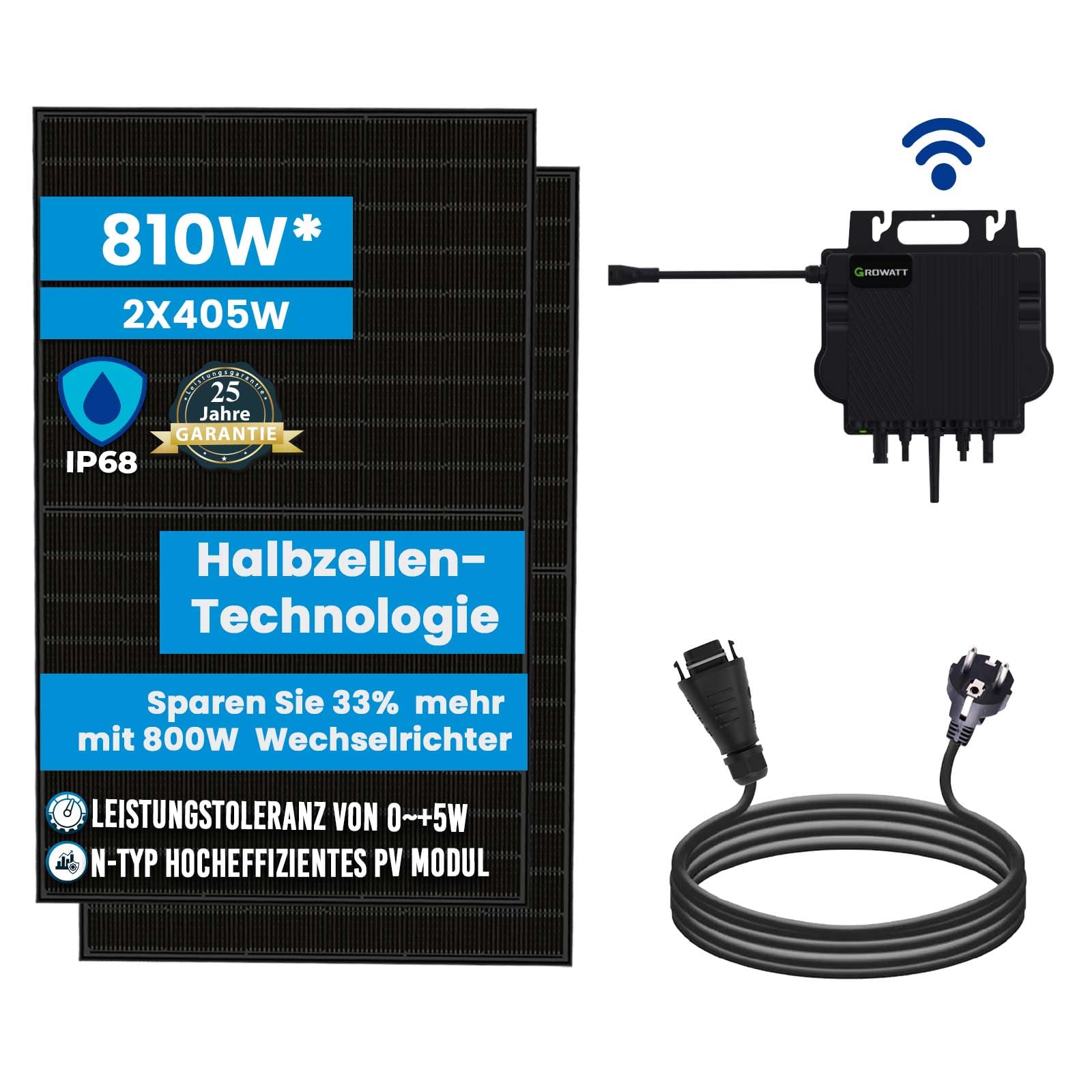 Solar-Hook® Balkonkraftwerk Komplettset 810W Bifazial | Growatt NEO Wechselrichter 800W | Photovoltaik Solaranlage mit 5m Schukostecker von SOLAR-HOOK etm