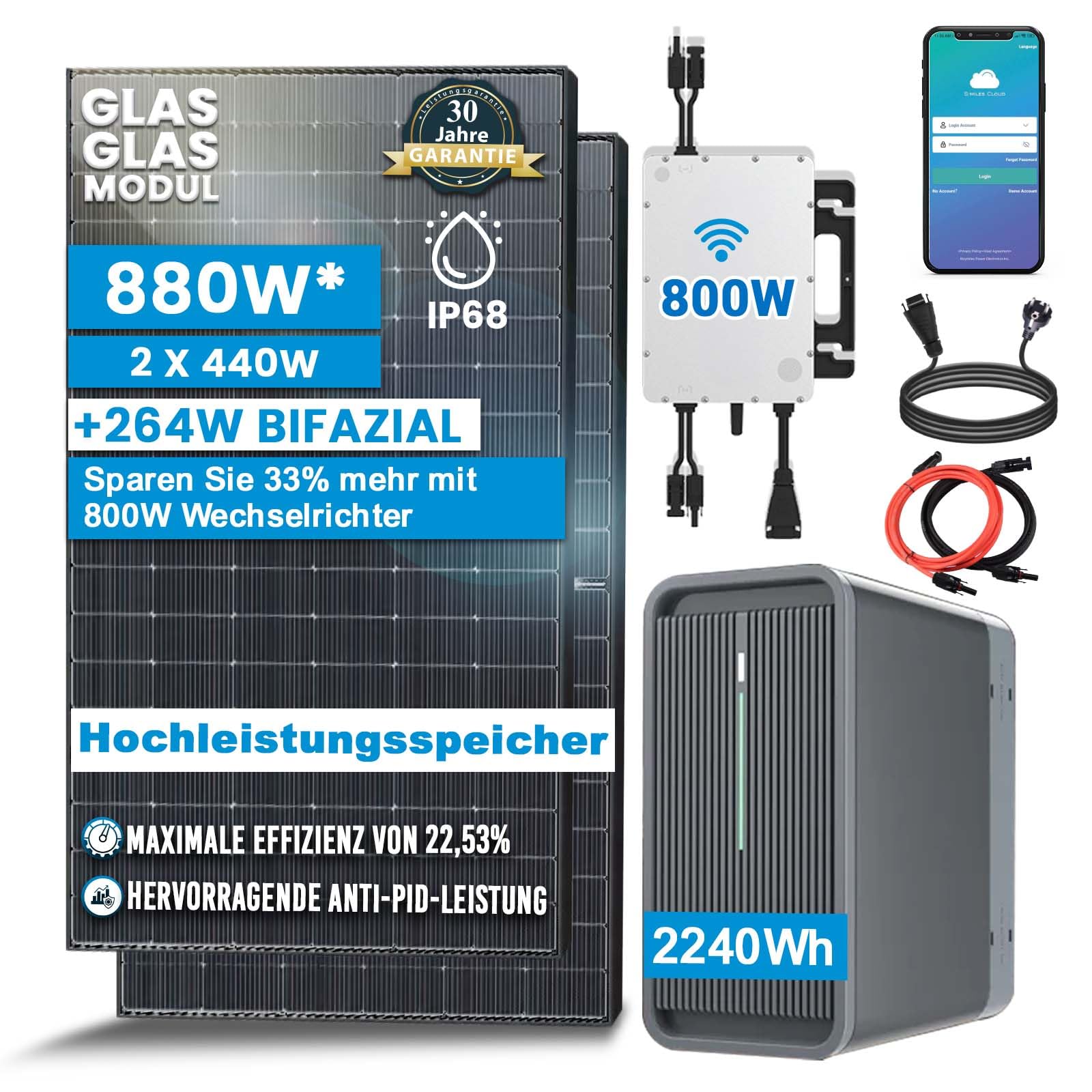 Solar-Hook® Balkonkraftwerk mit Speicher Komplettset 2,24 kWh Marstek B2500-D Speicher (880W, HMS-800) von SOLAR-HOOK etm