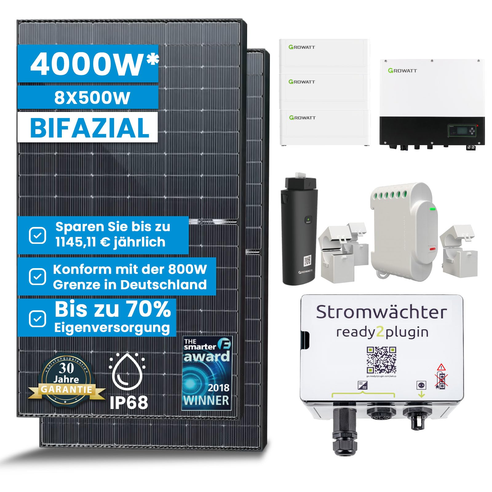 Solar-Hook® Ready2Plugin Solaranlage mit Speicher 4000W Komplett Steckdose, 7,68kWh Stromspeicher 3kW Notstromsteckdose Photovoltaik Solaranlage Komplettset mit Smart Stromwächter von SOLAR-HOOK etm