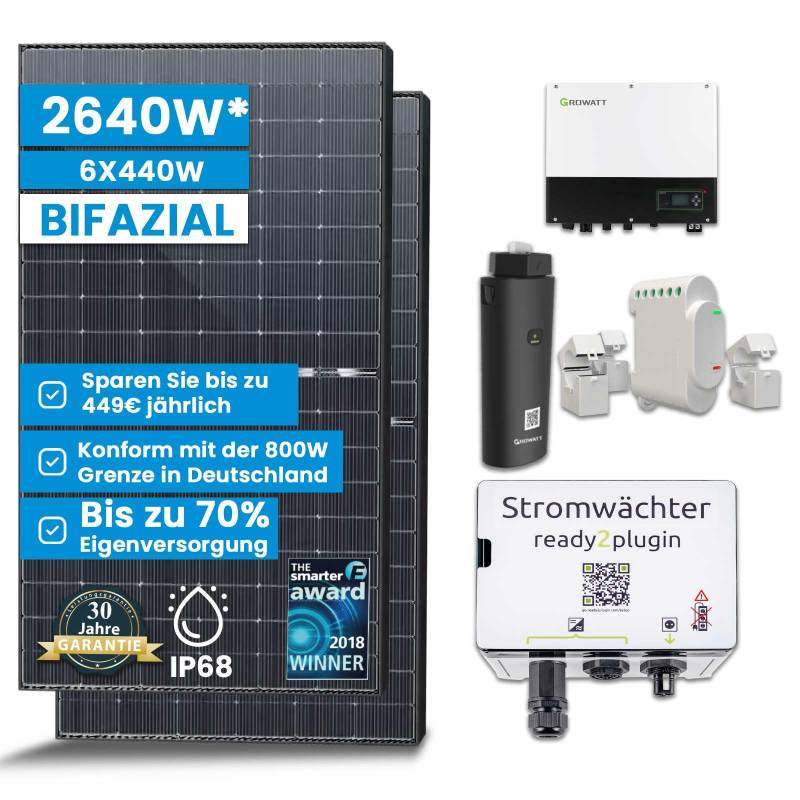 Solar-Hook® Smart Balkonkraftwerk mit Ready2plugin Stromwächter, Bifazial Solarpanel und Growatt 3000W Wechselrichter -Plug and Play Photovoltaikanlage (2640W Ohne Batterie) von SOLAR-HOOK etm