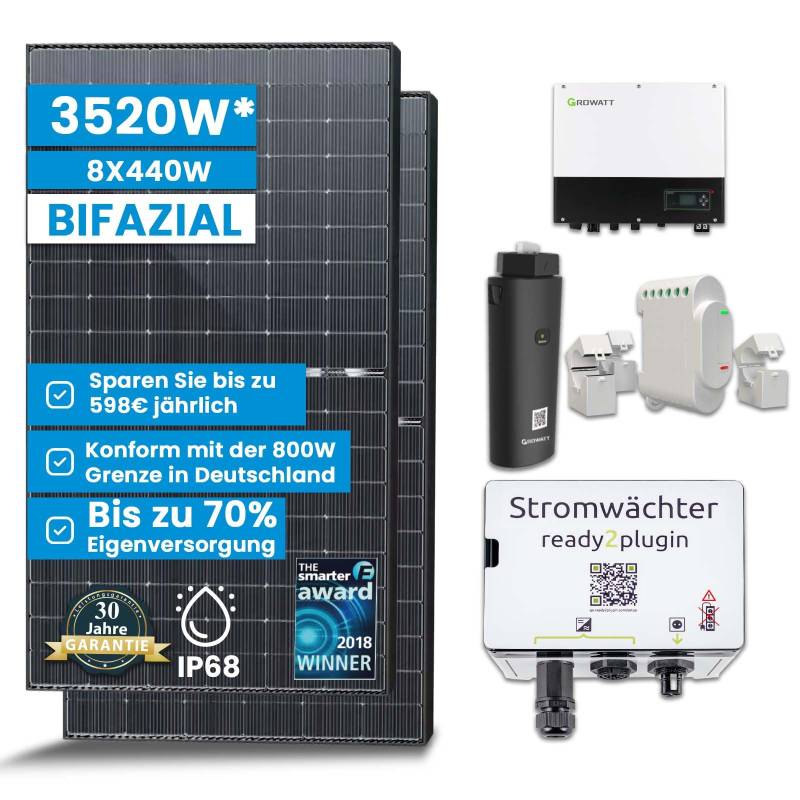 Solar-Hook® Smart Balkonkraftwerk mit Ready2plugin Stromwächter, Bifazial Solarpanel und Growatt 3000W Wechselrichter -Plug and Play Photovoltaikanlage (3520W Ohne Batterie) von SOLAR-HOOK etm