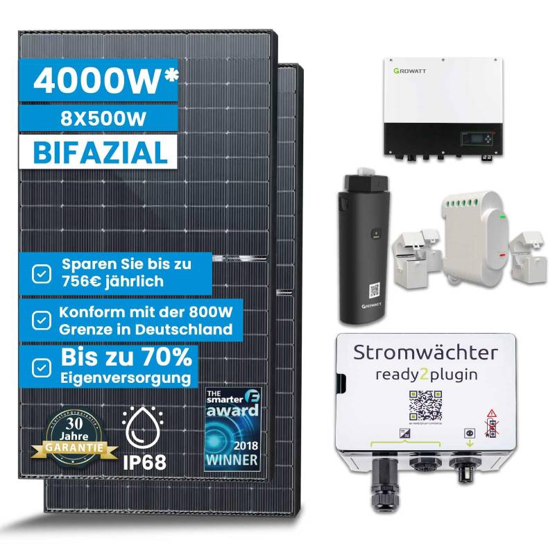 Solar-Hook® Smart Balkonkraftwerk mit Ready2plugin Stromwächter, Bifazial Solarpanel und Growatt 3000W Wechselrichter -Plug and Play Photovoltaikanlage (4000W Ohne Batterie) von SOLAR-HOOK etm