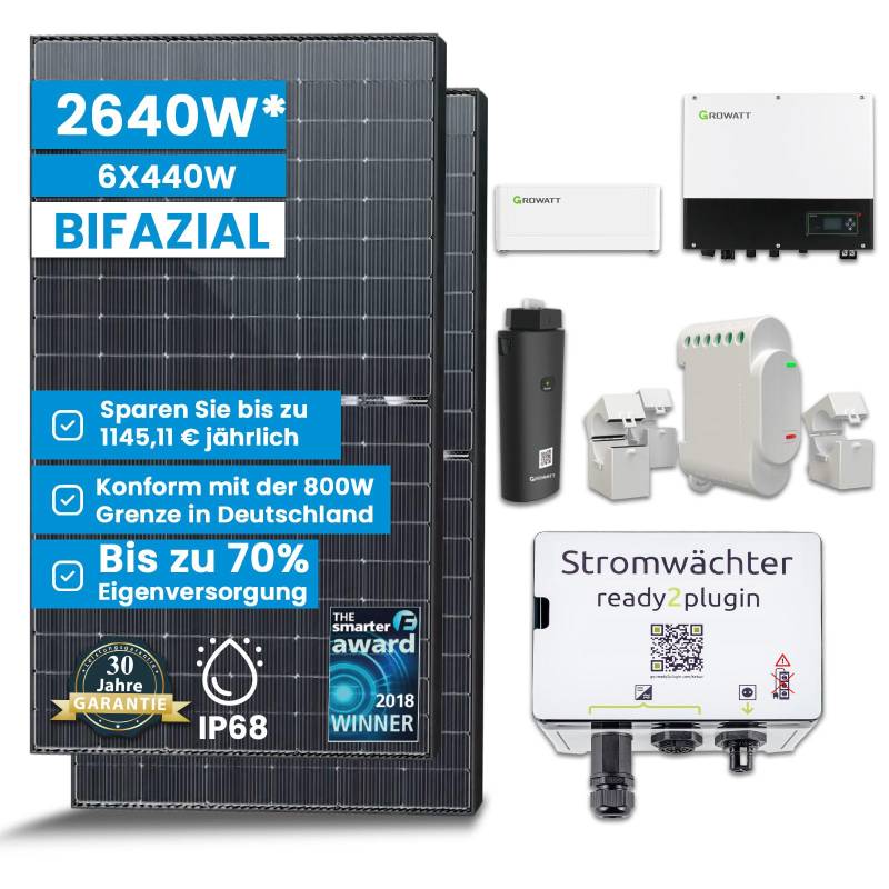 Solar-Hook® Solaranlage mit Speicher 2640W Komplett Steckdose, 2,56kWh Stromspeicher 3kW Notstromsteckdose Photovoltaikanlage Solaranlage Komplettset mit Smart Stromwächter 6x440W Bifaziale Solarpanel von SOLAR-HOOK etm