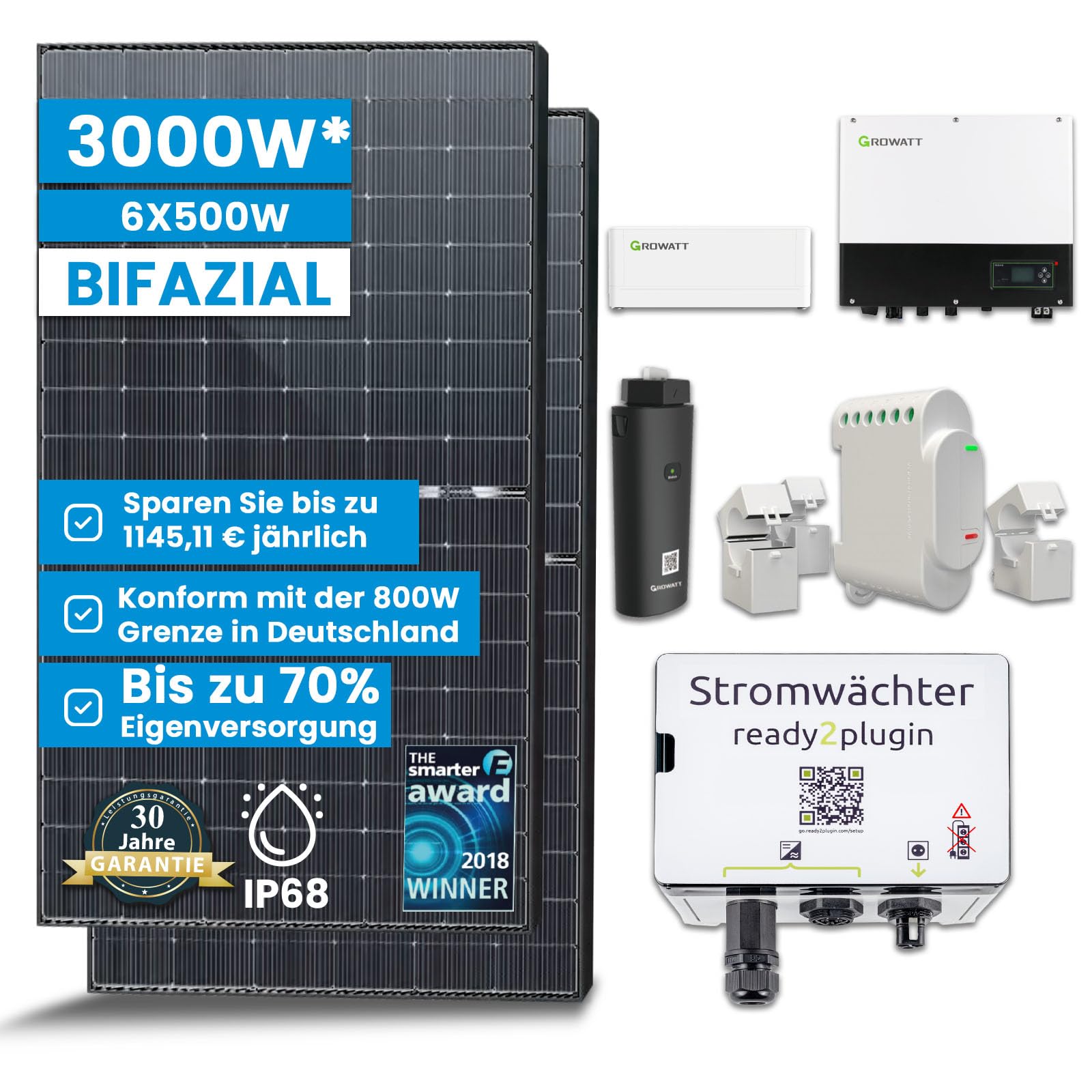 Solar-Hook® Solaranlage mit Speicher 3000W Komplett Steckdose, 2,56kWh Stromspeicher 3kW Notstromsteckdose Photovoltaikanlage Solaranlage Komplettset mit Smart Stromwächter 6x500W Bifaziale Solarpanel von SOLAR-HOOK etm