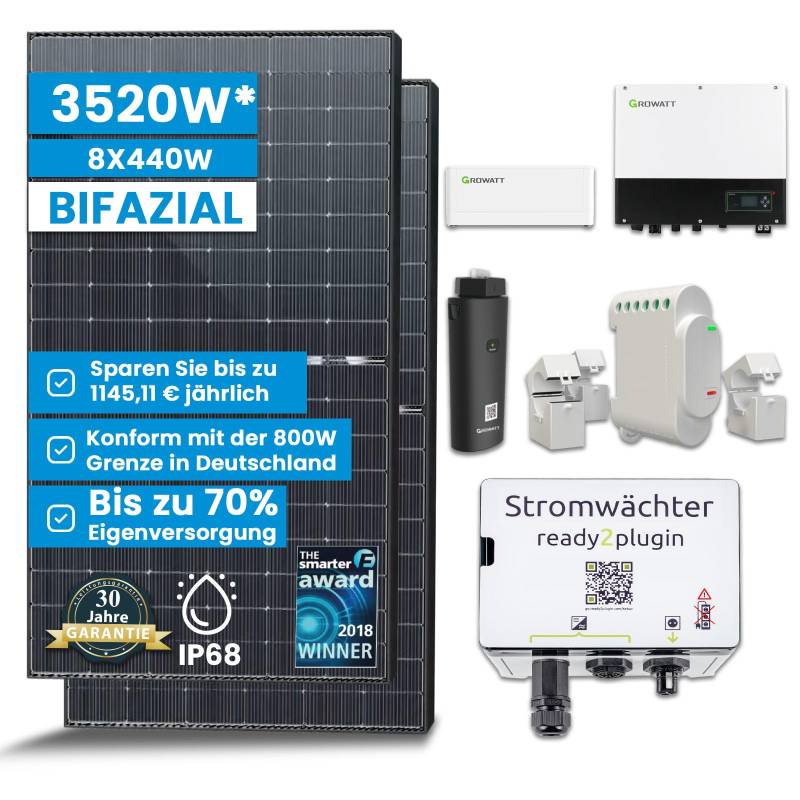 Solar-Hook® Solaranlage mit Speicher 3520W Komplett Steckdose, 2,56kWh Stromspeicher 3kW Notstromsteckdose Photovoltaikanlage Solaranlage Komplettset mit Smart Stromwächter 8x440W Bifaziale Solarpanel von SOLAR-HOOK etm