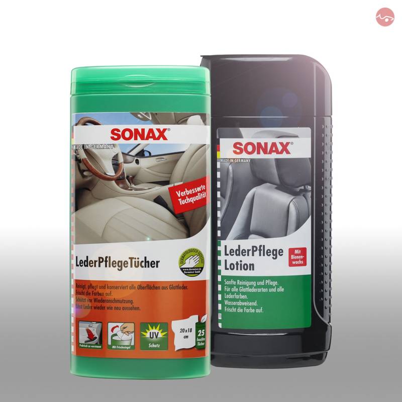 SONAX LederReinigung Lotion 500 ml 02912000 + Lederpflege Tücher Box 04123000 von SONAX