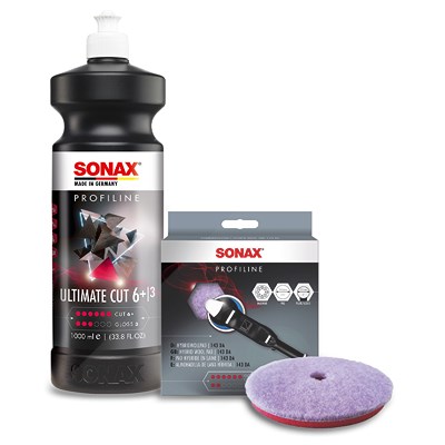 Sonax 1x 1 l PROFILINE Poliermittel Ultimate Cut + HybridWollPad 143mm [Hersteller-Nr. 02393000] von SONAX