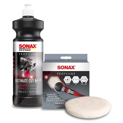 Sonax 1x 1 l PROFILINE Poliermittel Ultimate Cut + Lammwollpad 133mm [Hersteller-Nr. 02393000] von SONAX