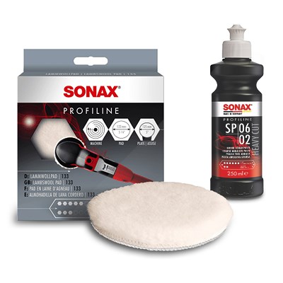 Sonax 1x 250ml PROFILINE Poliermittel SP 06-02 + Lammwollpad 133mm [Hersteller-Nr. 03201410] von SONAX