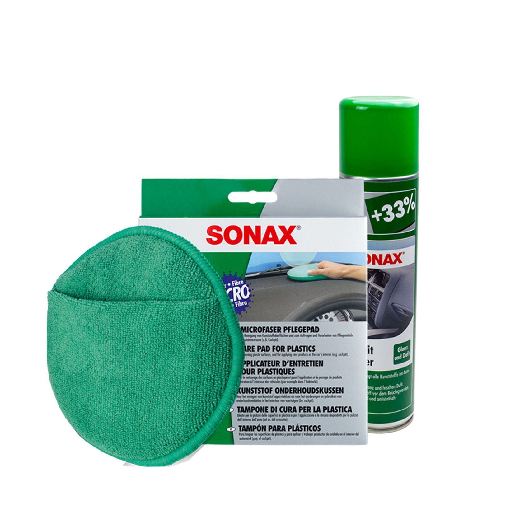 MICROFASER Pflege PAD Schwamm + COCKPITPFLEGER NEWCAR Spray Set von SONAX