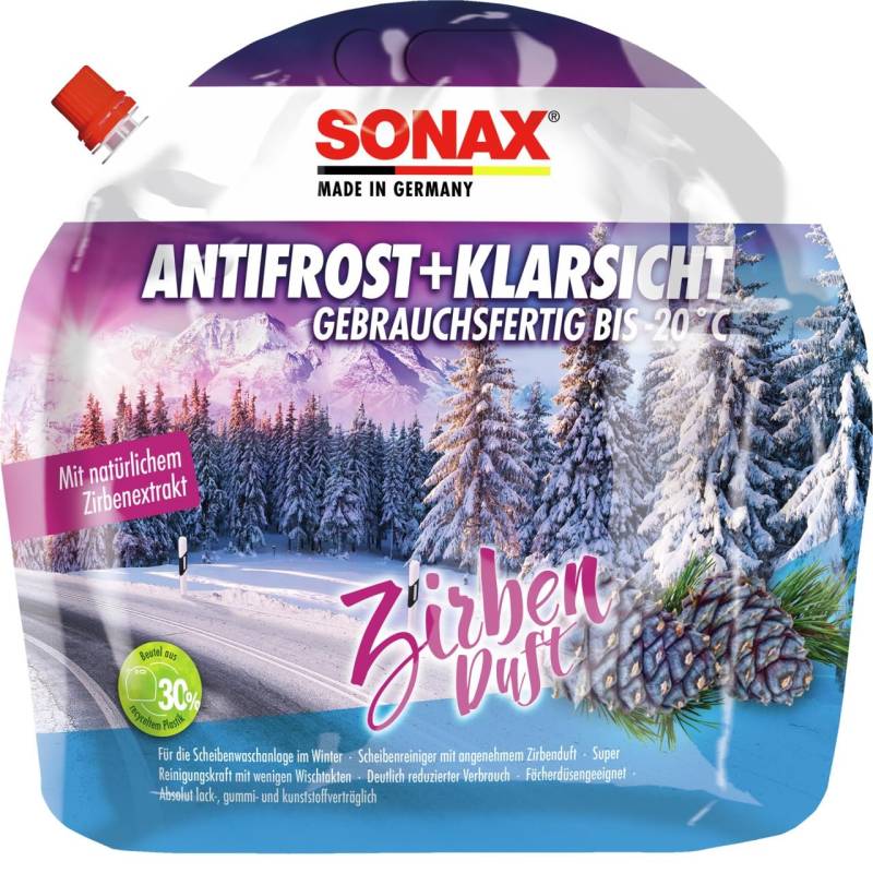 SONAX AntiFrost+KlarSicht Zirbe Gebrauchsfertig bis -20°C (3 Liter) schneller, schlierenfreier & effektiver Scheibenreiniger für den Winter | Art-Nr. 01314410 von SONAX