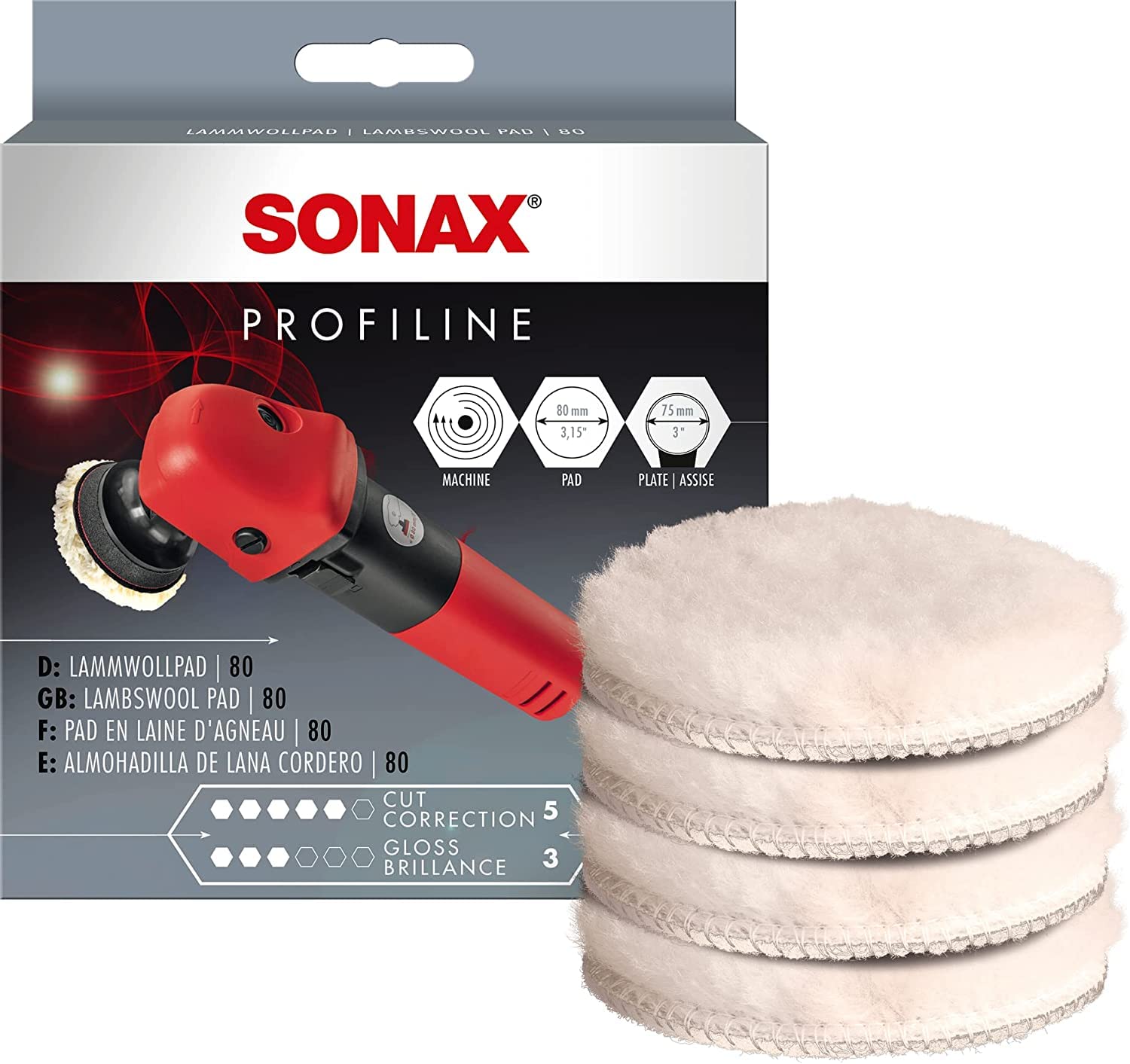 SONAX LammwollPad 80 mm (4 Stück) dichtes, hochwertiges Pad aus Naturwolle zum maschinellen Polieren von Lacken | Art-Nr. 04941410 von SONAX